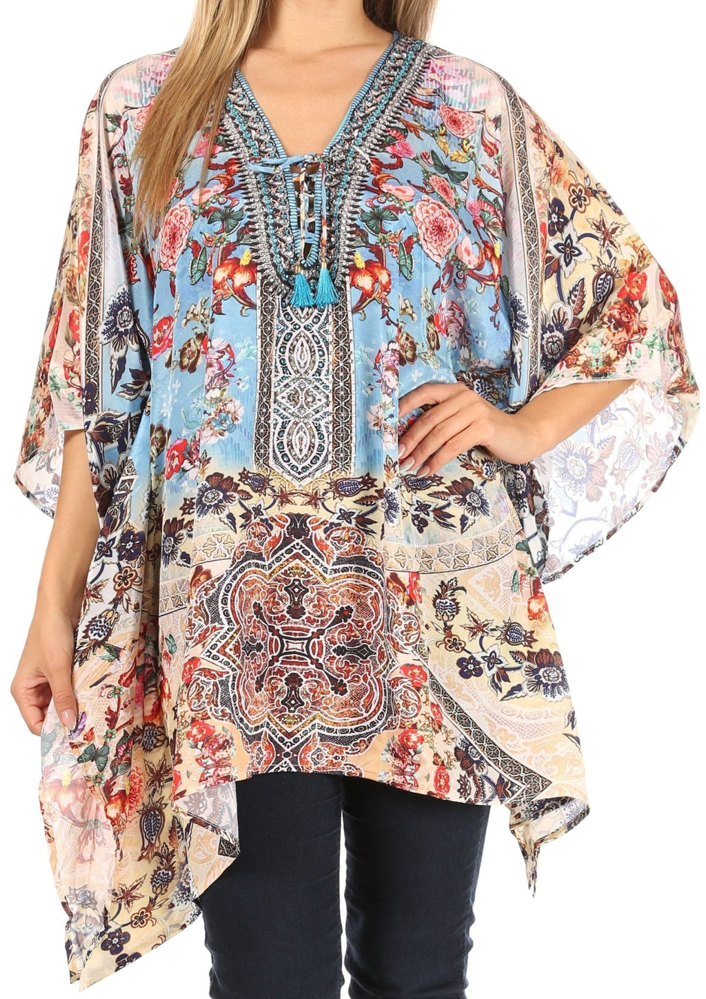 Stylish Rhinestone Lace-Up V-Neck Women's Caftan Poncho Cover-Up by Sakkas Aymee - Che Cose Belle