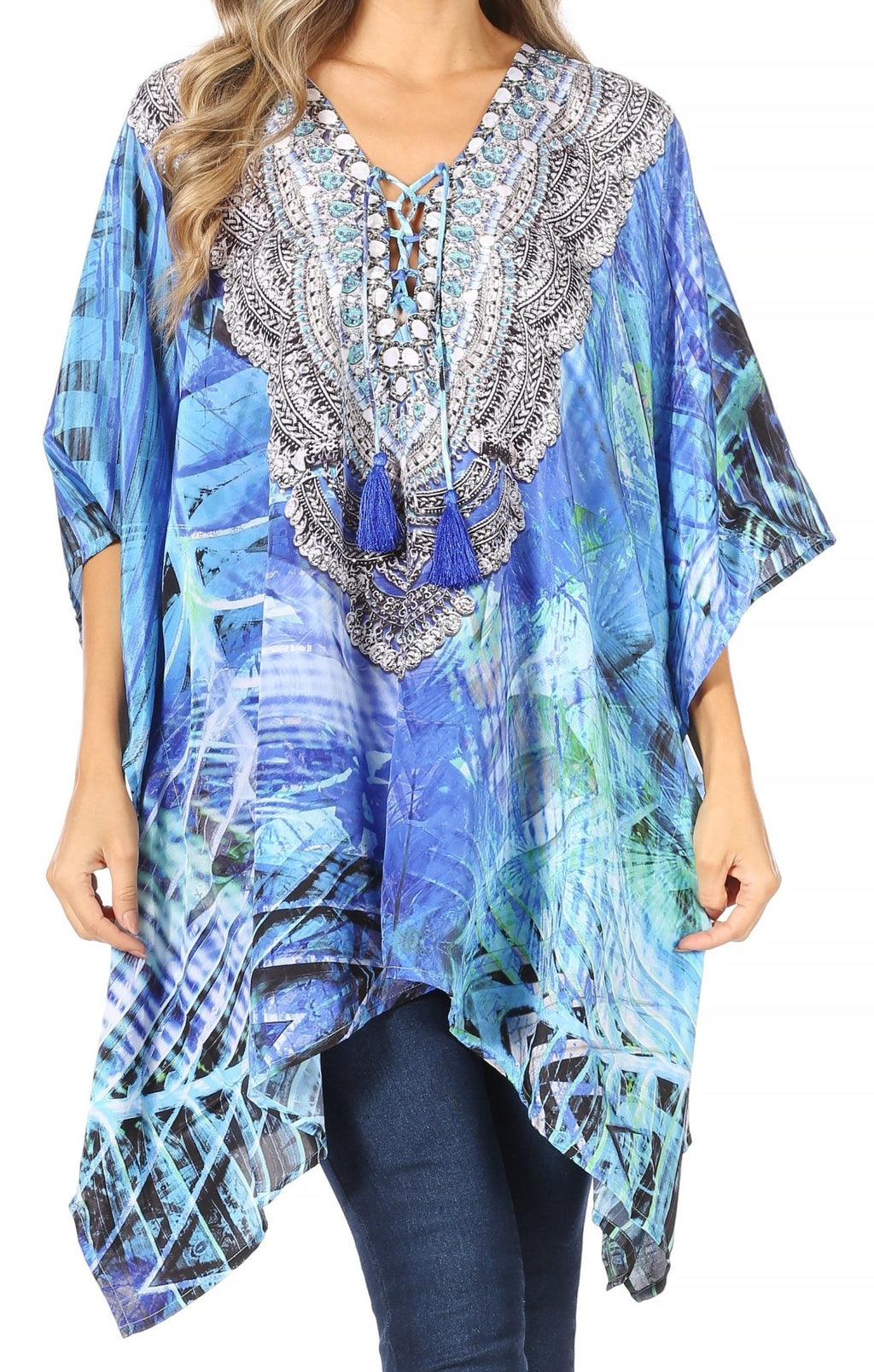 Stylish Rhinestone Lace-Up V-Neck Women's Caftan Poncho Cover-Up by Sakkas Aymee - Che Cose Belle