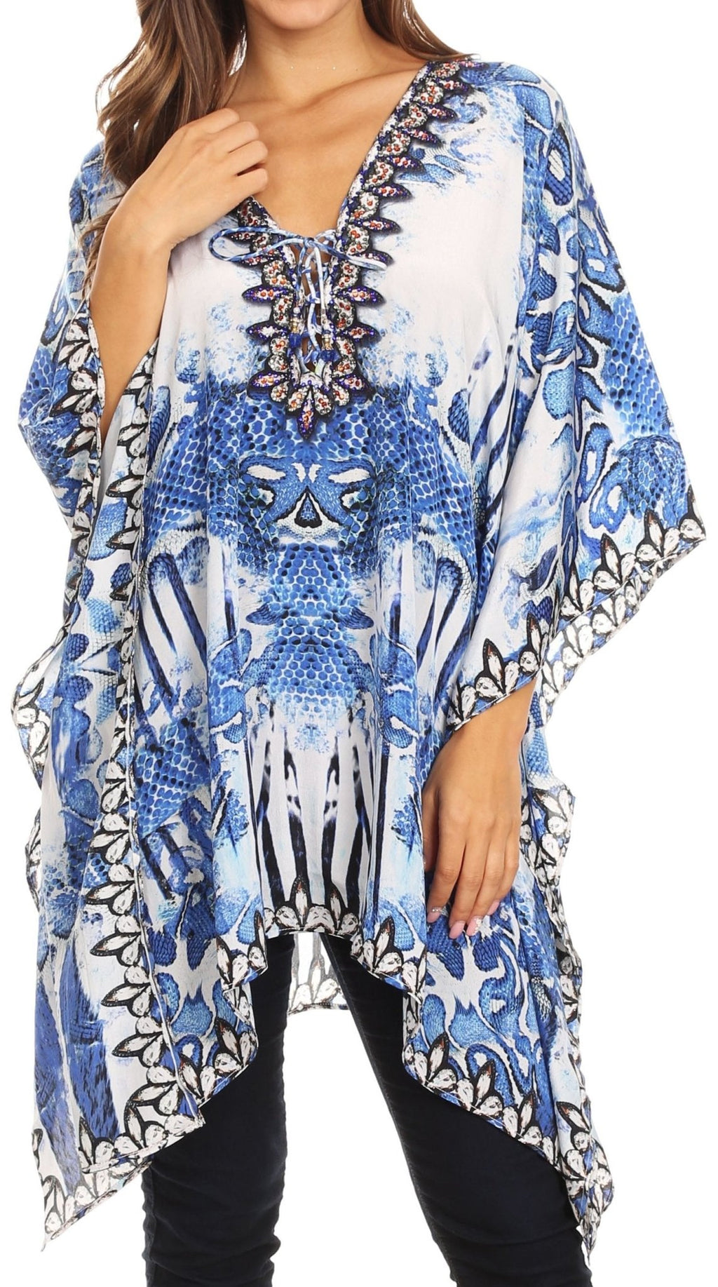 Stylish Rhinestone Lace-Up V-Neck Women's Caftan Poncho Cover-Up by Sakkas Aymee - Che Cose Belle