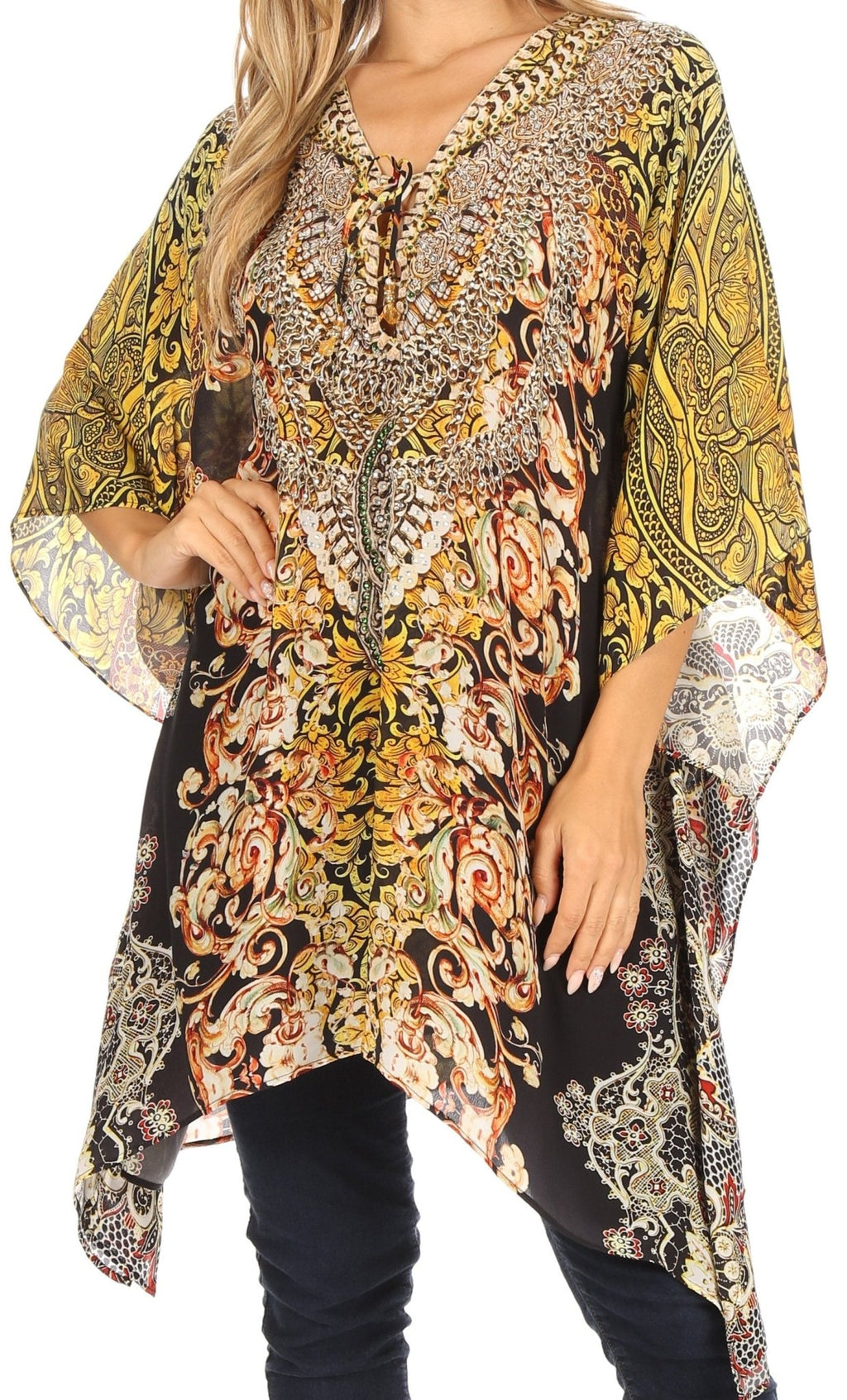 Stylish Rhinestone Lace-Up V-Neck Women's Caftan Poncho Cover-Up by Sakkas Aymee - Che Cose Belle