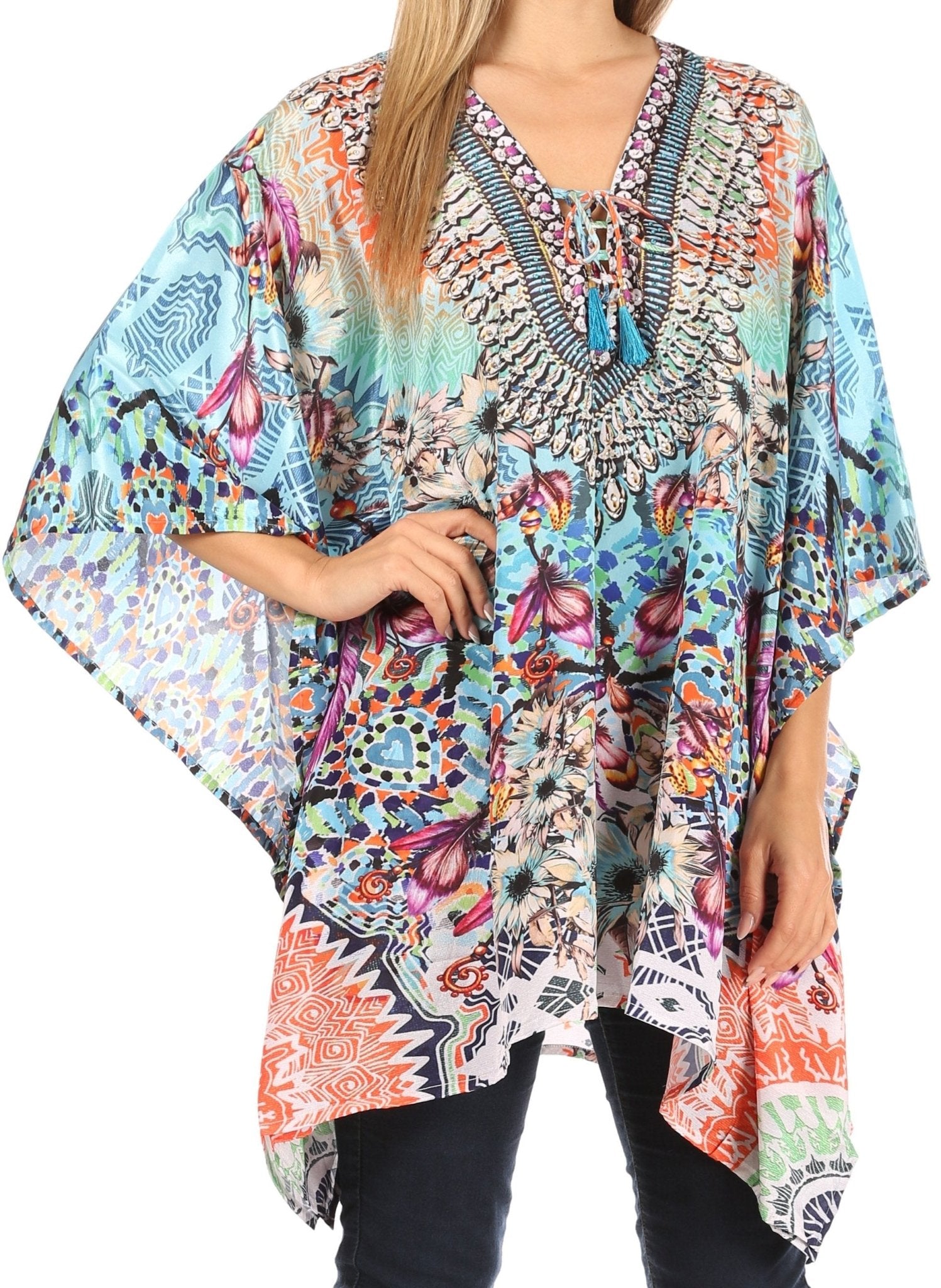 Stylish Rhinestone Lace-Up V-Neck Women's Caftan Poncho Cover-Up by Sakkas Aymee - Che Cose Belle