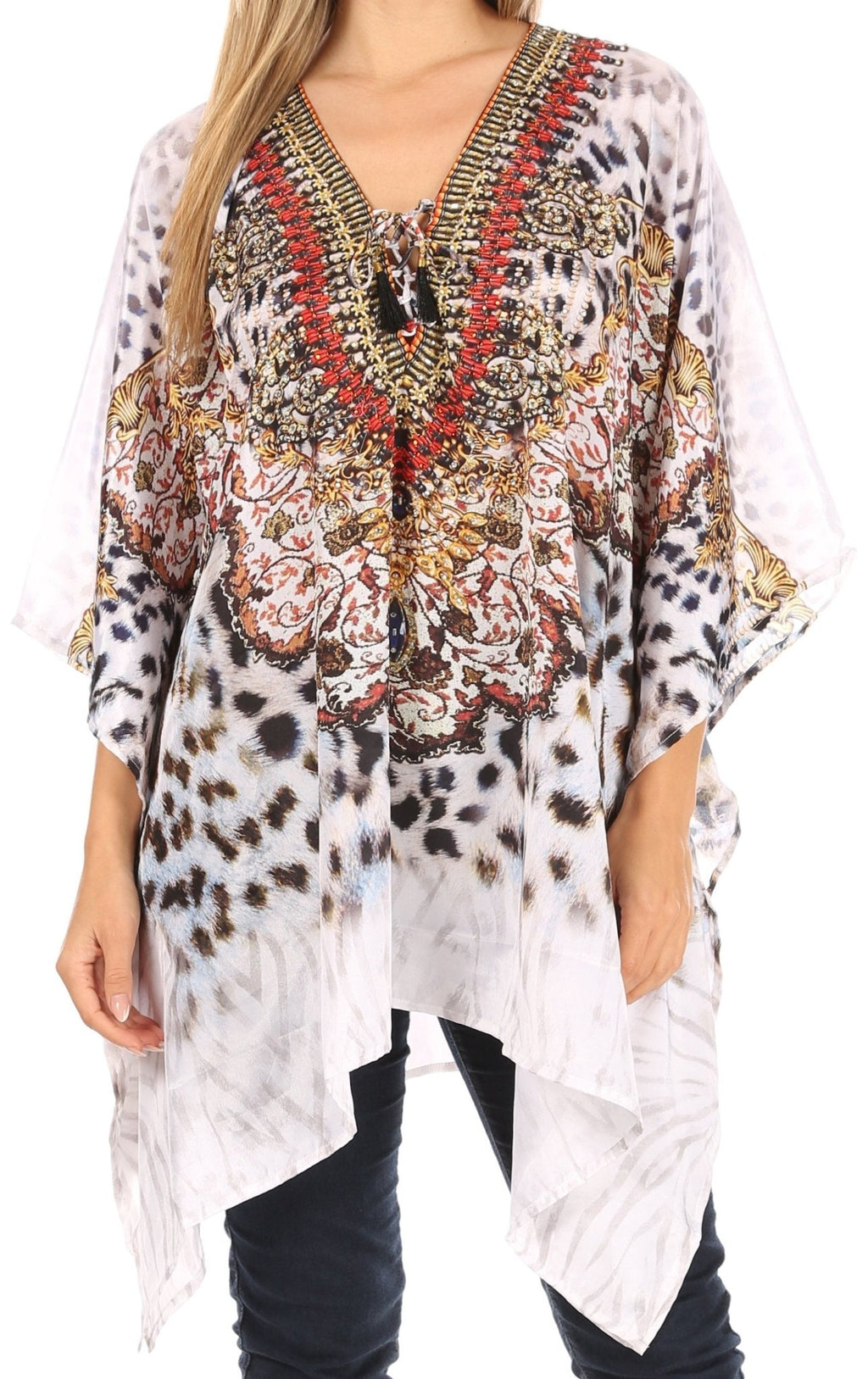 Stylish Rhinestone Lace-Up V-Neck Women's Caftan Poncho Cover-Up by Sakkas Aymee - Che Cose Belle