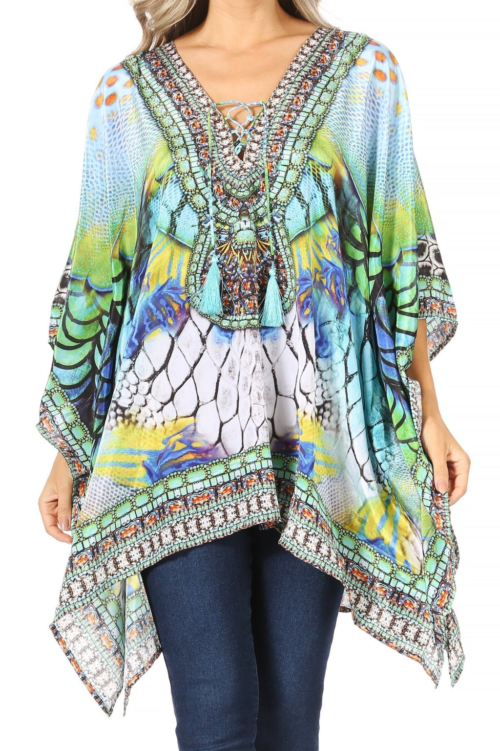 Stylish Rhinestone Lace-Up V-Neck Women's Caftan Poncho Cover-Up by Sakkas Aymee - Che Cose Belle