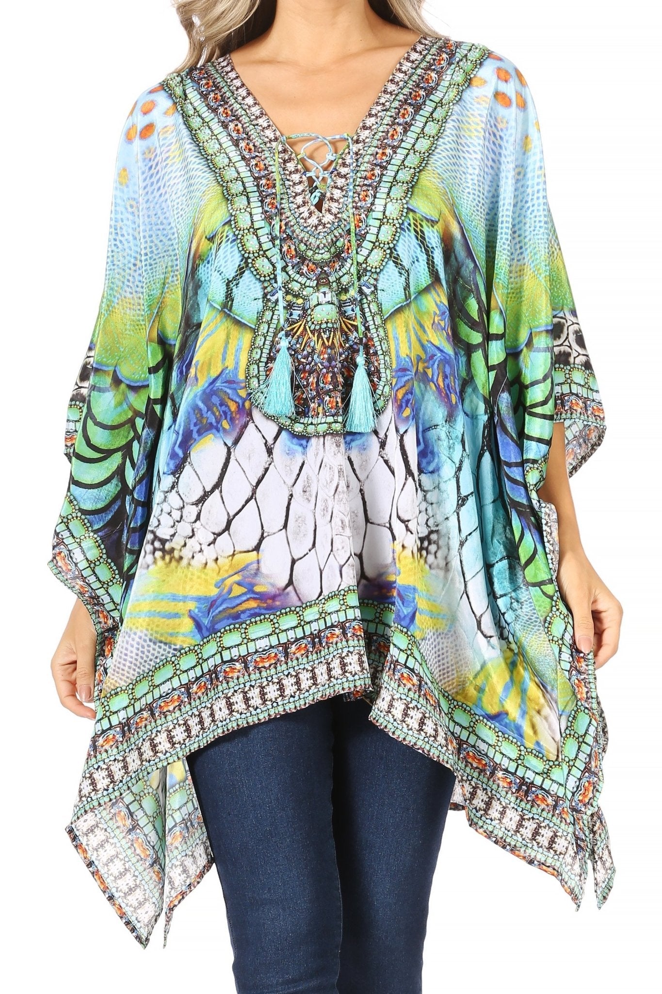 Stylish Rhinestone Lace-Up V-Neck Women's Caftan Poncho Cover-Up by Sakkas Aymee - Che Cose Belle
