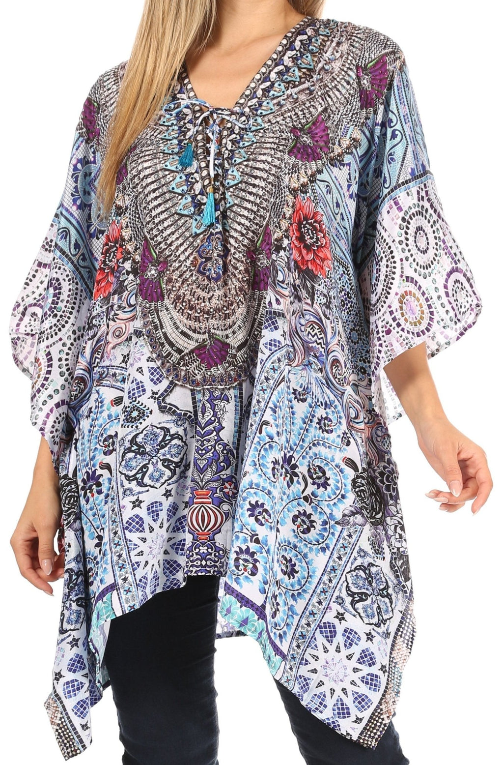 Stylish Rhinestone Lace-Up V-Neck Women's Caftan Poncho Cover-Up by Sakkas Aymee - Che Cose Belle