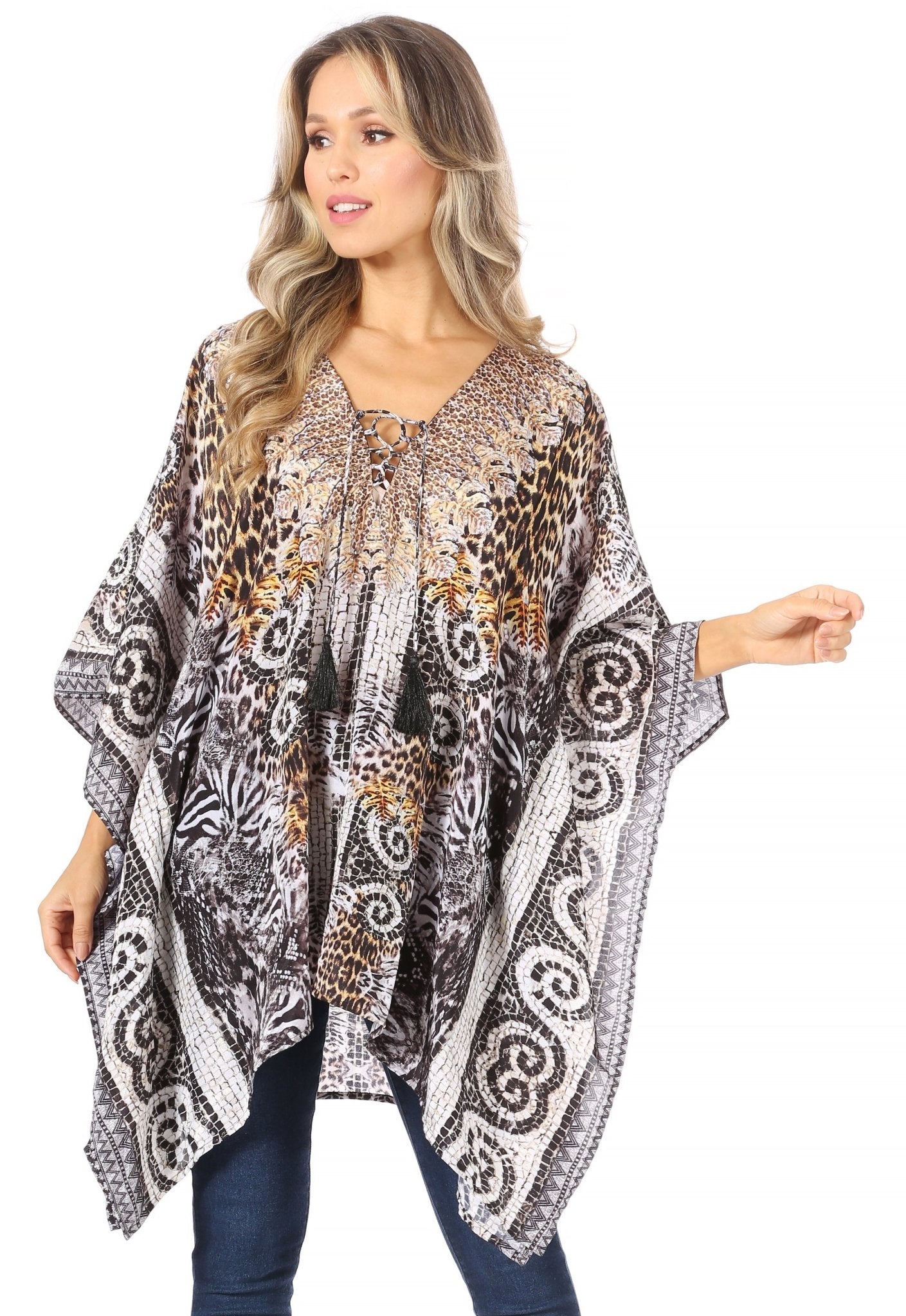 Stylish Rhinestone Lace-Up V-Neck Women's Caftan Poncho Cover-Up by Sakkas Aymee - Che Cose Belle