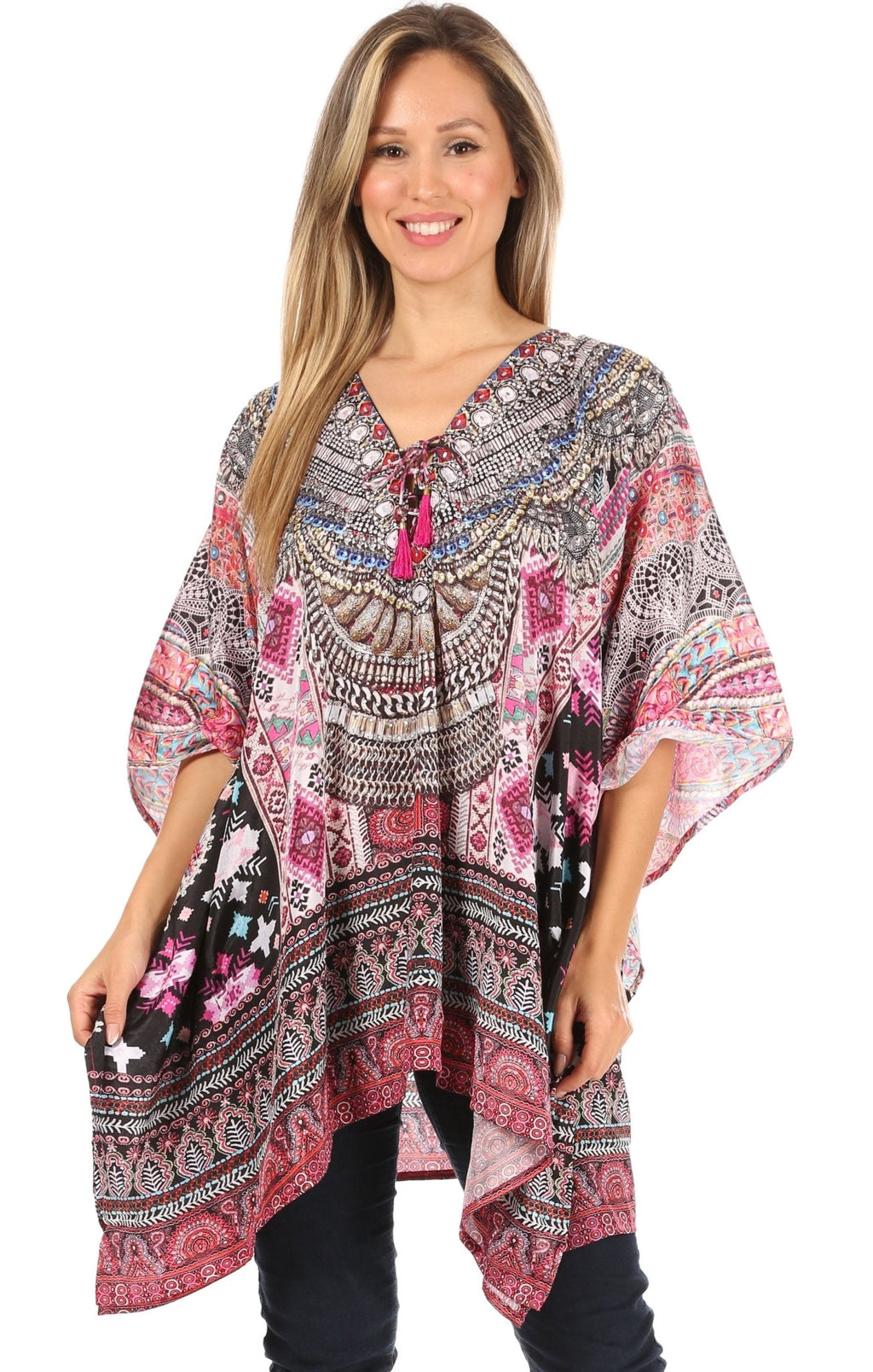 Stylish Rhinestone Lace-Up V-Neck Women's Caftan Poncho Cover-Up by Sakkas Aymee - Che Cose Belle