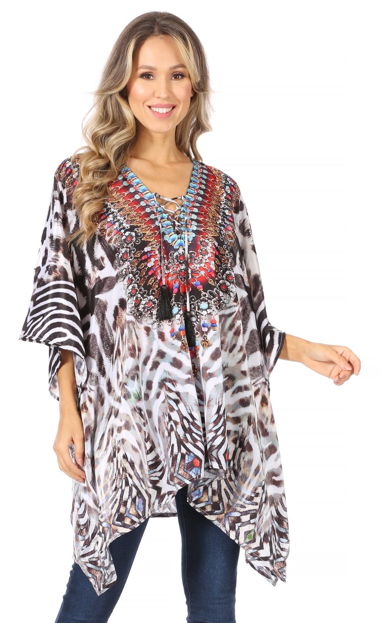 Stylish Rhinestone Lace-Up V-Neck Women's Caftan Poncho Cover-Up by Sakkas Aymee - Che Cose Belle