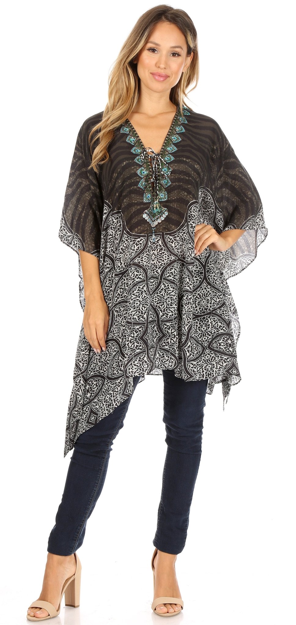 Stylish Rhinestone Lace-Up V-Neck Women's Caftan Poncho Cover-Up by Sakkas Aymee - Che Cose Belle