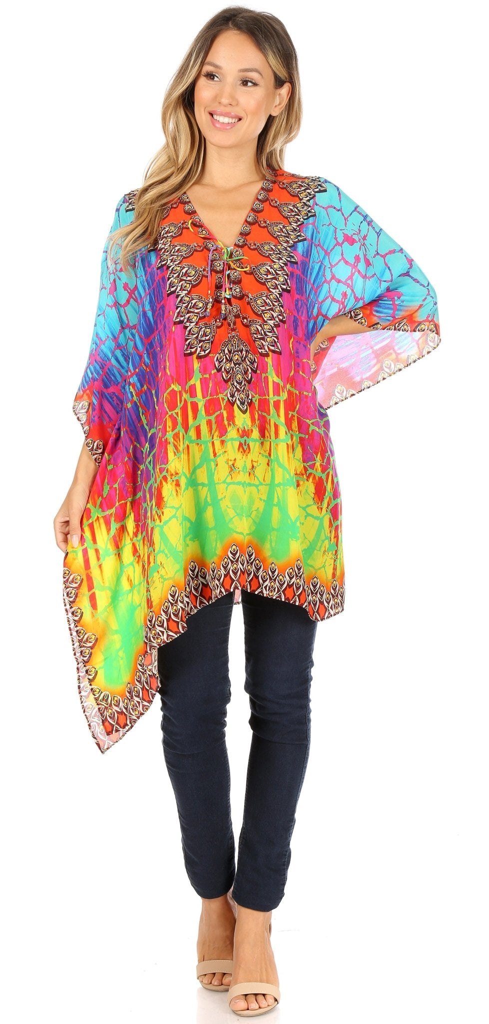 Stylish Rhinestone Lace-Up V-Neck Women's Caftan Poncho Cover-Up by Sakkas Aymee - Che Cose Belle