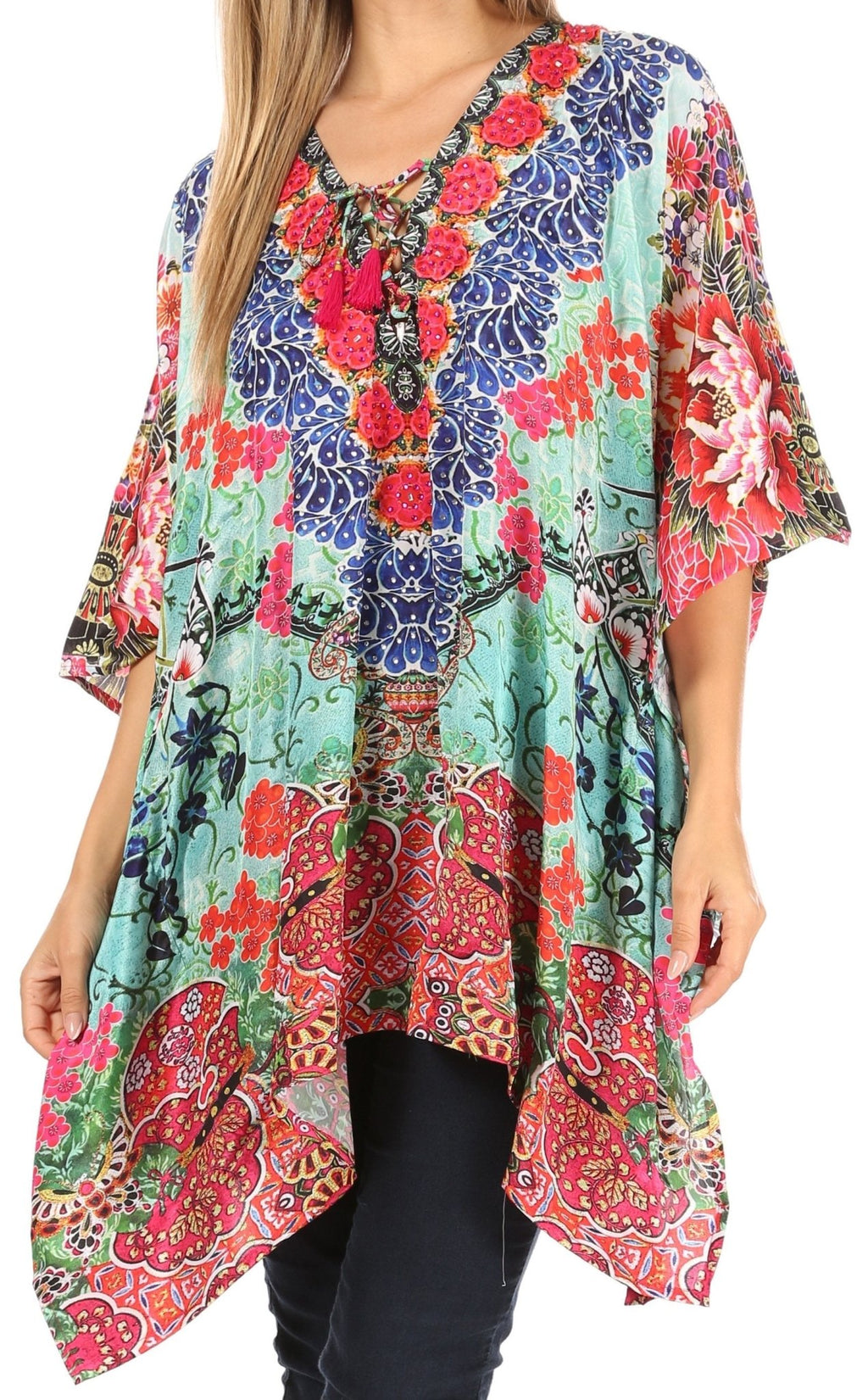 Stylish Rhinestone Lace-Up V-Neck Women's Caftan Poncho Cover-Up by Sakkas Aymee - Che Cose Belle