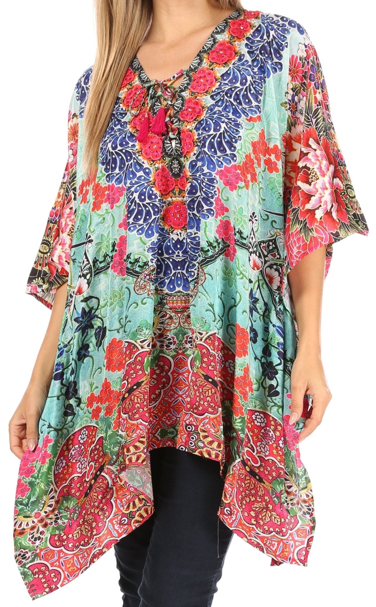 Stylish Rhinestone Lace-Up V-Neck Women's Caftan Poncho Cover-Up by Sakkas Aymee - Che Cose Belle