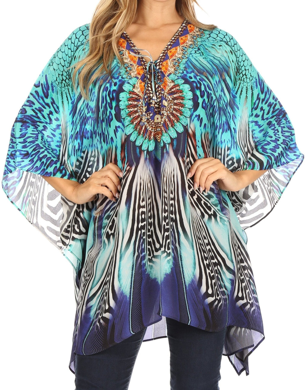 Stylish Rhinestone Lace-Up V-Neck Women's Caftan Poncho Cover-Up by Sakkas Aymee - Che Cose Belle