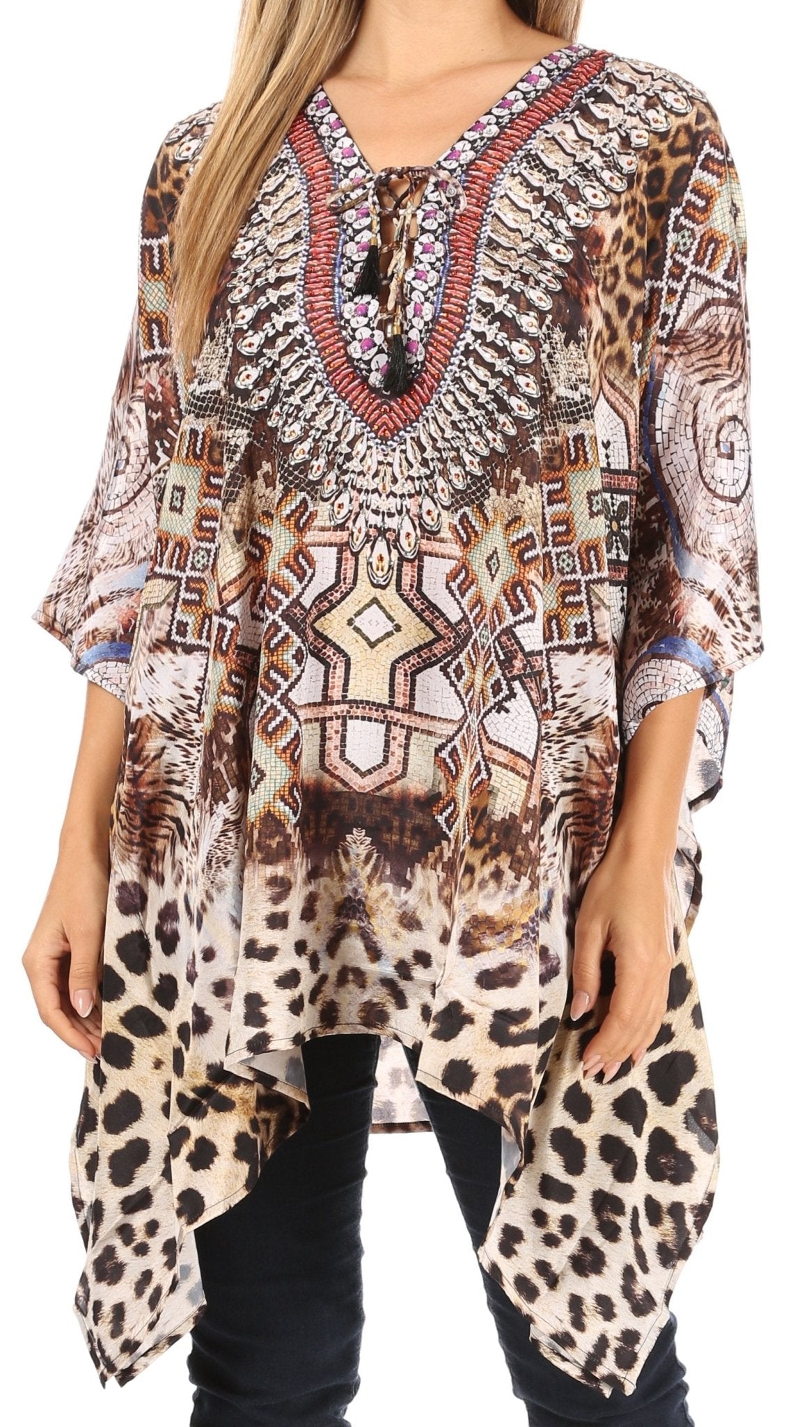 Stylish Rhinestone Lace-Up V-Neck Women's Caftan Poncho Cover-Up by Sakkas Aymee - Che Cose Belle