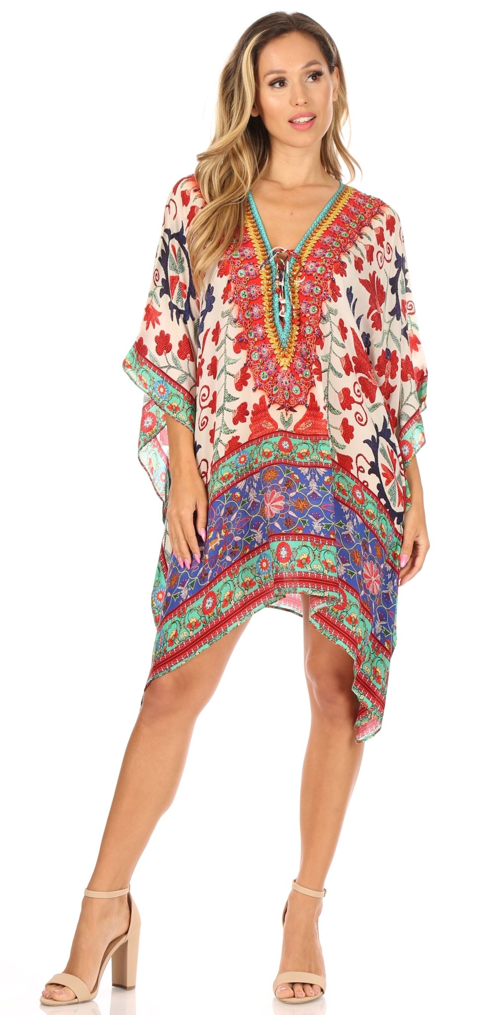 Stylish Rhinestone Lace-Up V-Neck Women's Caftan Poncho Cover-Up by Sakkas Aymee - Che Cose Belle