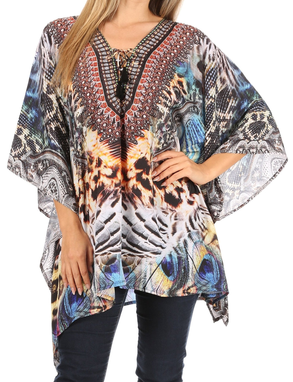 Stylish Rhinestone Lace-Up V-Neck Women's Caftan Poncho Cover-Up by Sakkas Aymee - Che Cose Belle