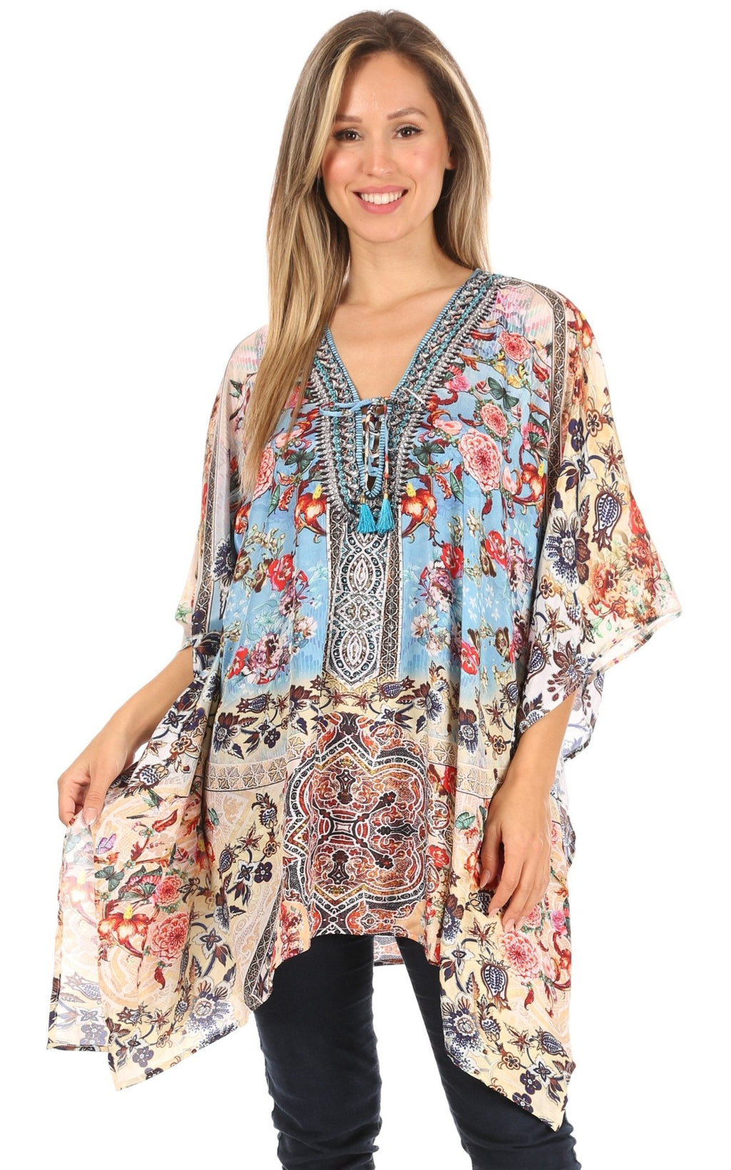 Stylish Rhinestone Lace-Up V-Neck Women's Caftan Poncho Cover-Up by Sakkas Aymee - Che Cose Belle