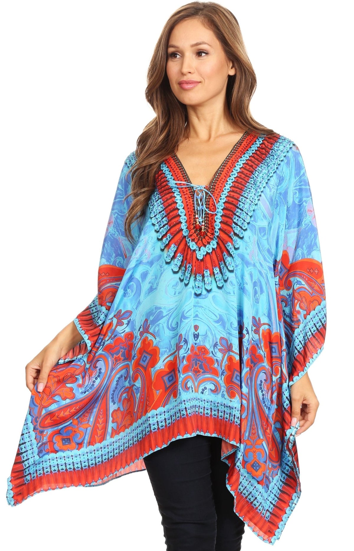 Stylish Rhinestone Lace-Up V-Neck Women's Caftan Poncho Cover-Up by Sakkas Aymee - Che Cose Belle