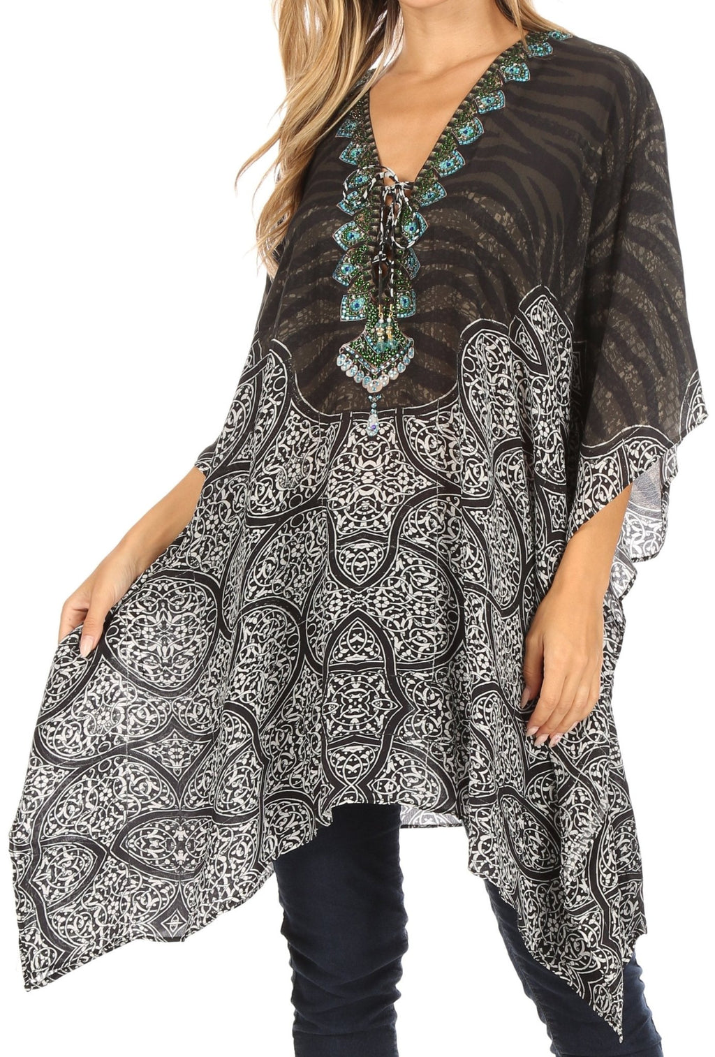 Stylish Rhinestone Lace-Up V-Neck Women's Caftan Poncho Cover-Up by Sakkas Aymee - Che Cose Belle