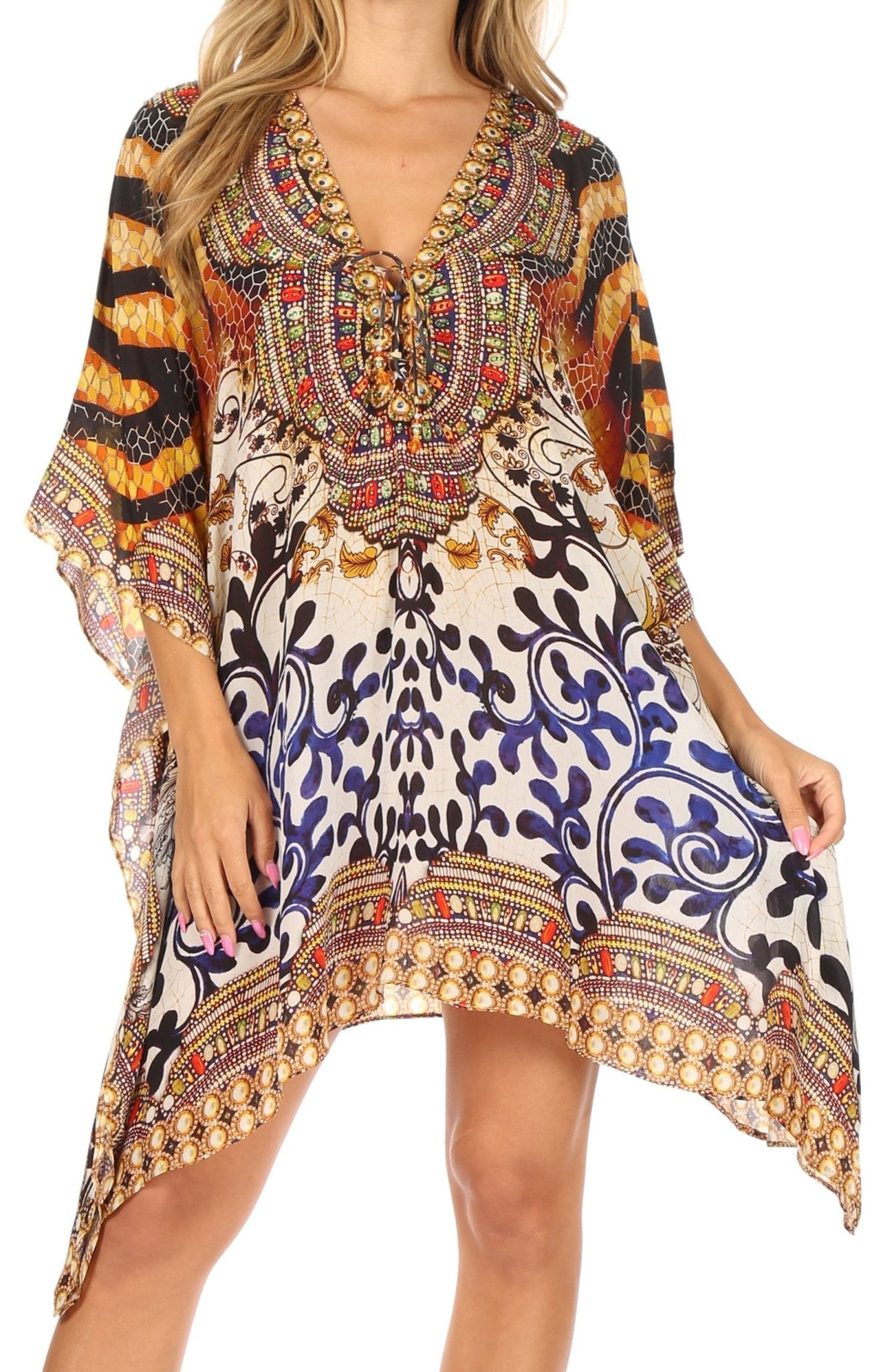 Stylish Rhinestone Lace-Up V-Neck Women's Caftan Poncho Cover-Up by Sakkas Aymee - Che Cose Belle