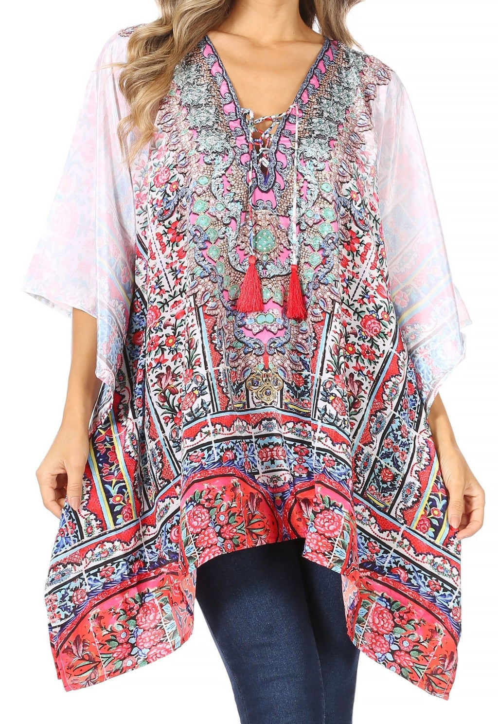 Stylish Rhinestone Lace-Up V-Neck Women's Caftan Poncho Cover-Up by Sakkas Aymee - Che Cose Belle