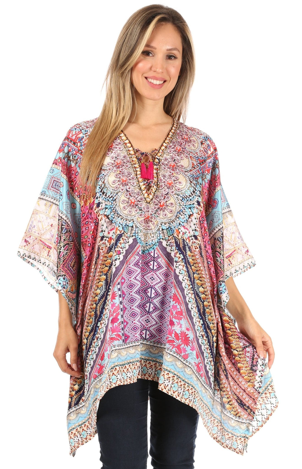 Stylish Rhinestone Lace-Up V-Neck Women's Caftan Poncho Cover-Up by Sakkas Aymee - Che Cose Belle