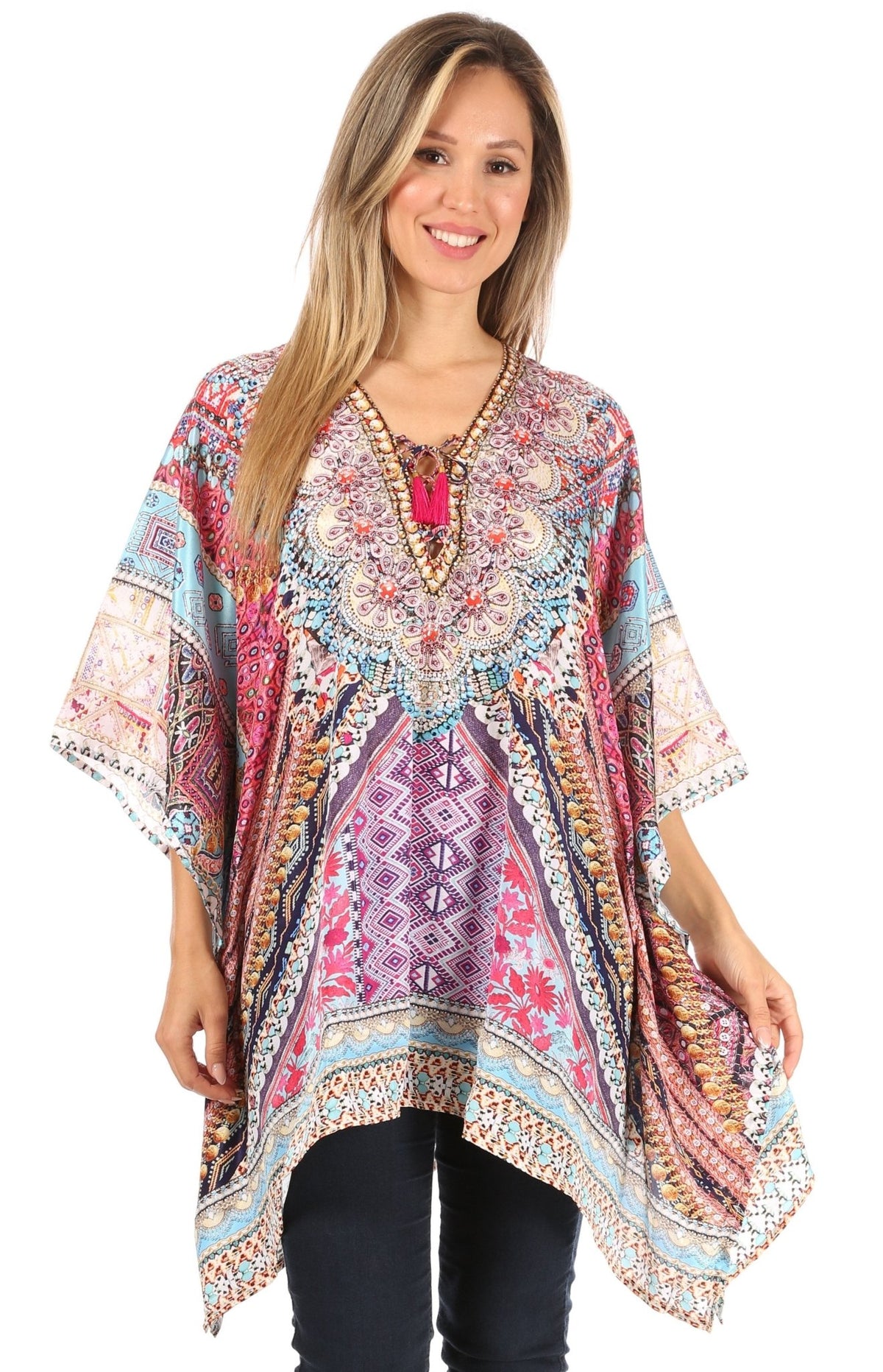 Stylish Rhinestone Lace-Up V-Neck Women's Caftan Poncho Cover-Up by Sakkas Aymee - Che Cose Belle