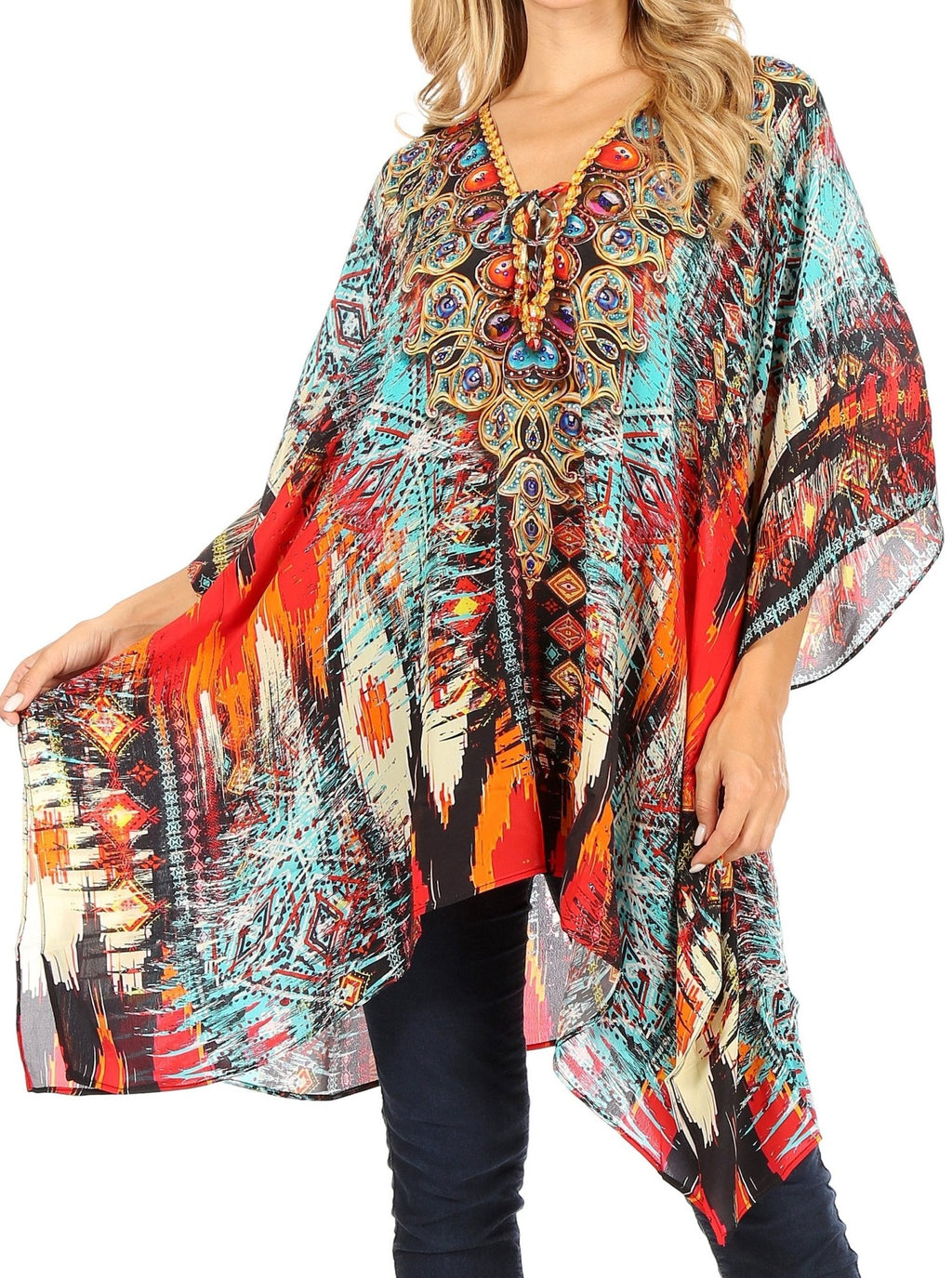 Stylish Rhinestone Lace-Up V-Neck Women's Caftan Poncho Cover-Up by Sakkas Aymee - Che Cose Belle