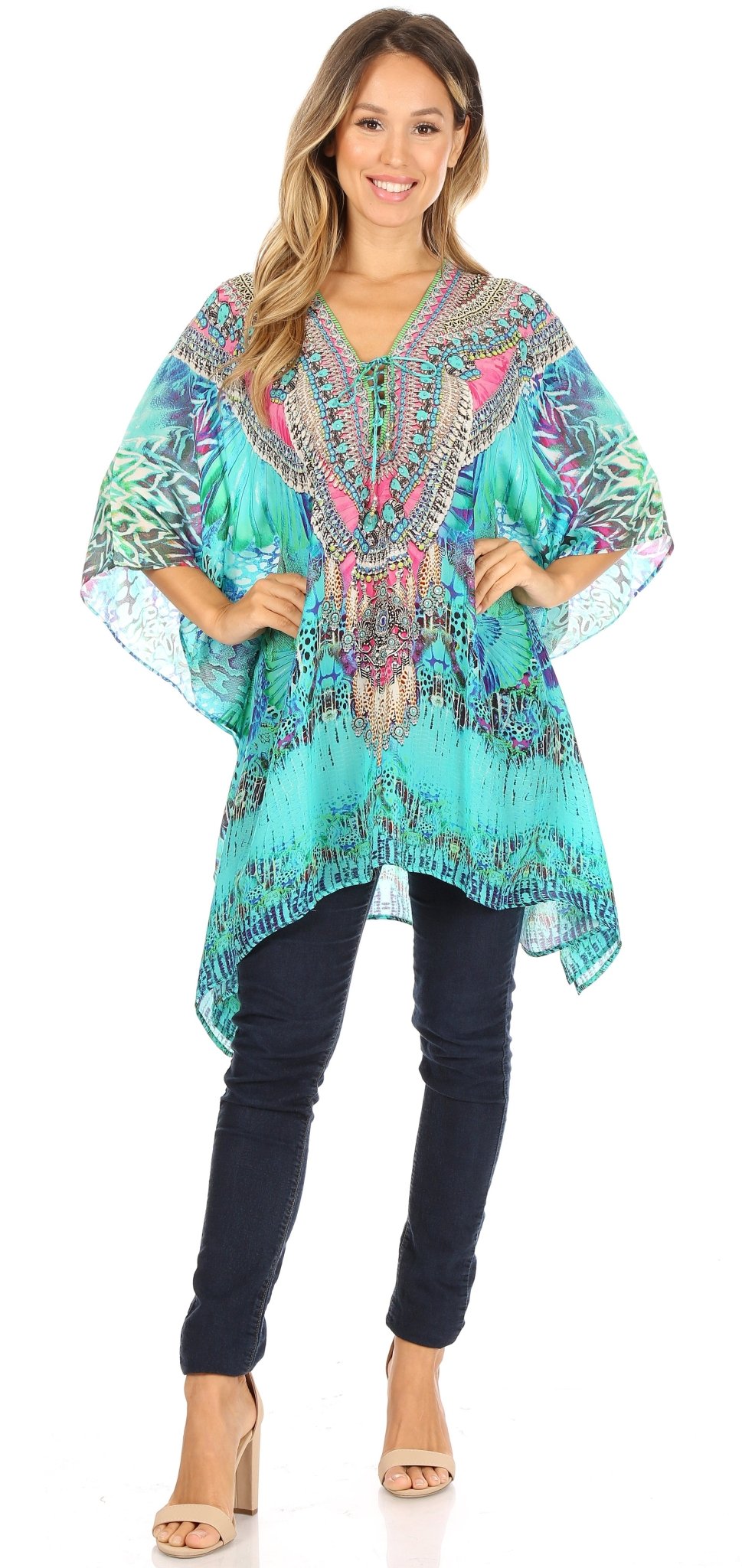 Stylish Rhinestone Lace-Up V-Neck Women's Caftan Poncho Cover-Up by Sakkas Aymee - Che Cose Belle