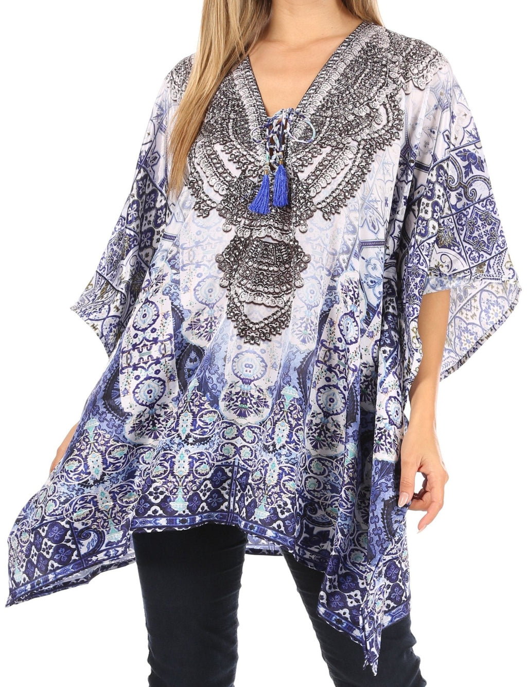 Stylish Rhinestone Lace-Up V-Neck Women's Caftan Poncho Cover-Up by Sakkas Aymee - Che Cose Belle