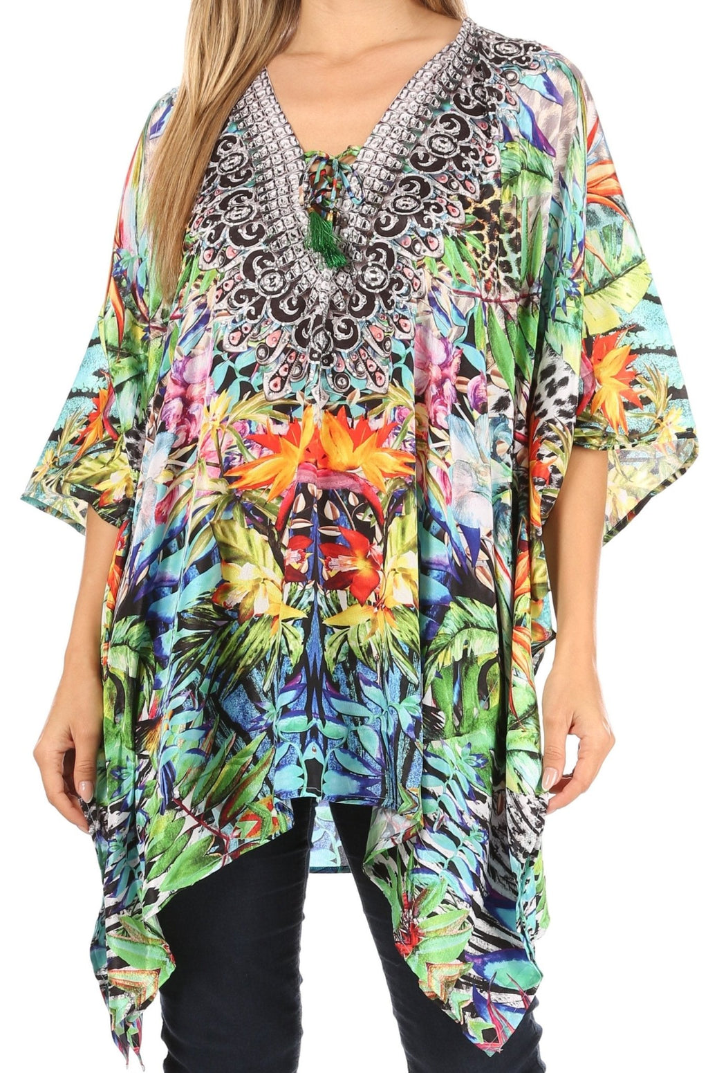 Stylish Rhinestone Lace-Up V-Neck Women's Caftan Poncho Cover-Up by Sakkas Aymee - Che Cose Belle