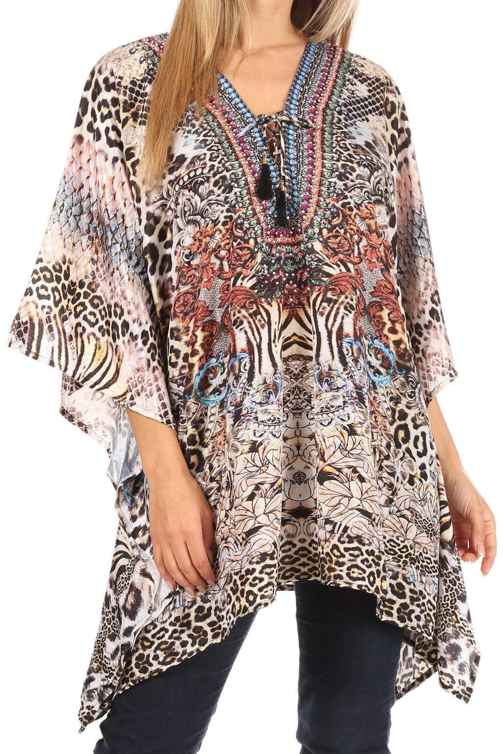 Stylish Rhinestone Lace-Up V-Neck Women's Caftan Poncho Cover-Up by Sakkas Aymee - Che Cose Belle