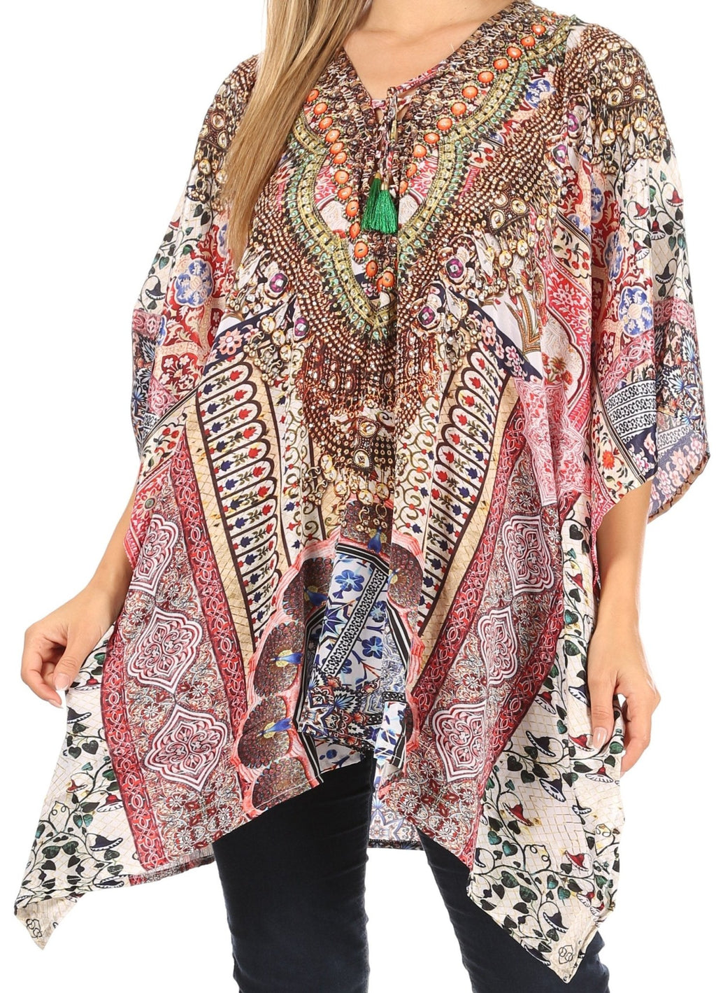 Stylish Rhinestone Lace-Up V-Neck Women's Caftan Poncho Cover-Up by Sakkas Aymee - Che Cose Belle
