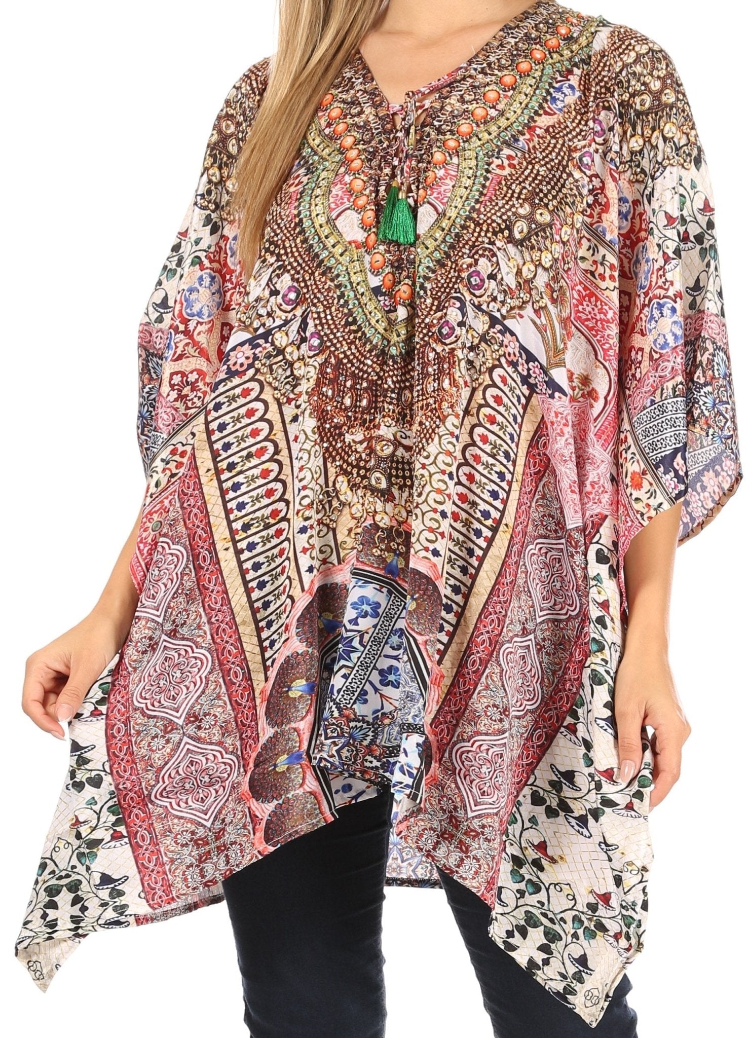 Stylish Rhinestone Lace-Up V-Neck Women's Caftan Poncho Cover-Up by Sakkas Aymee - Che Cose Belle