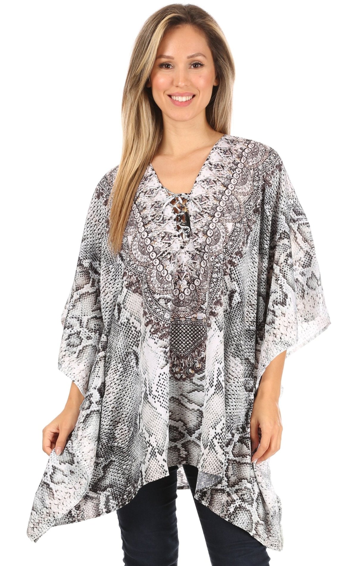 Stylish Rhinestone Lace-Up V-Neck Women's Caftan Poncho Cover-Up by Sakkas Aymee - Che Cose Belle