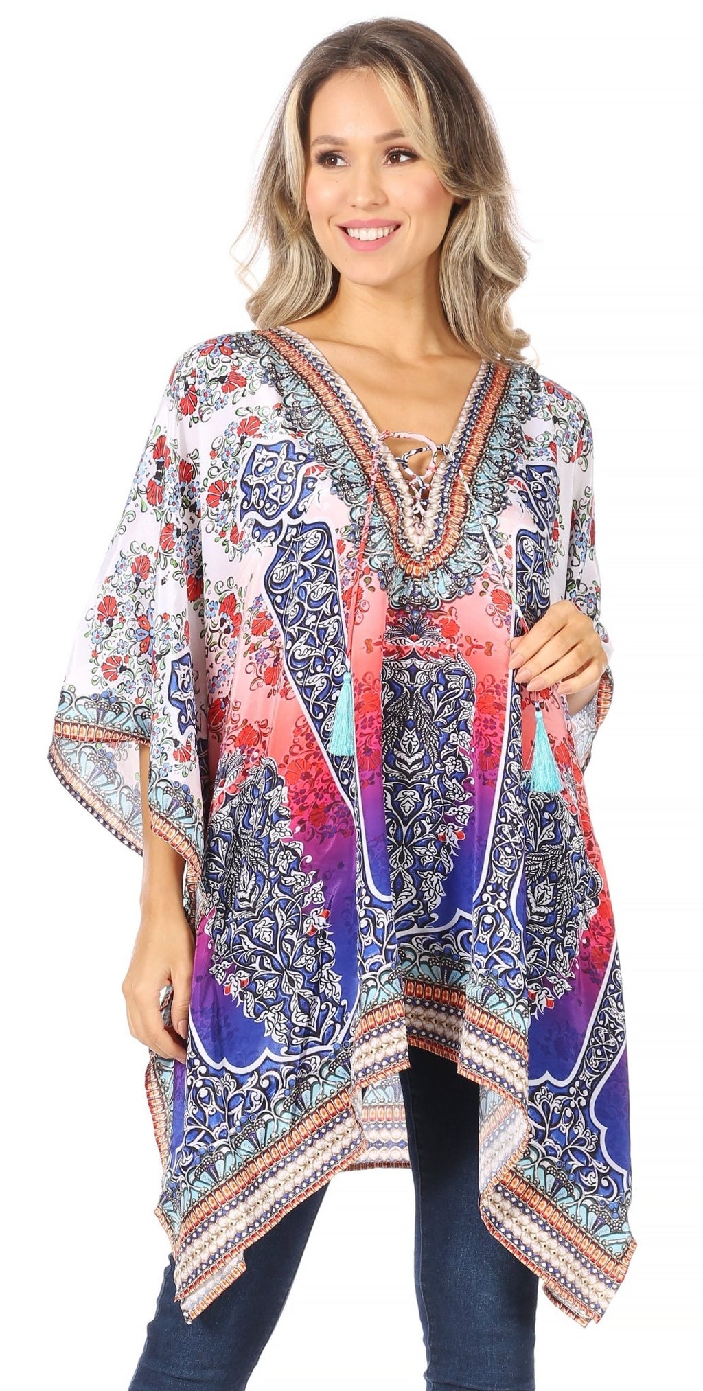 Stylish Rhinestone Lace-Up V-Neck Women's Caftan Poncho Cover-Up by Sakkas Aymee - Che Cose Belle