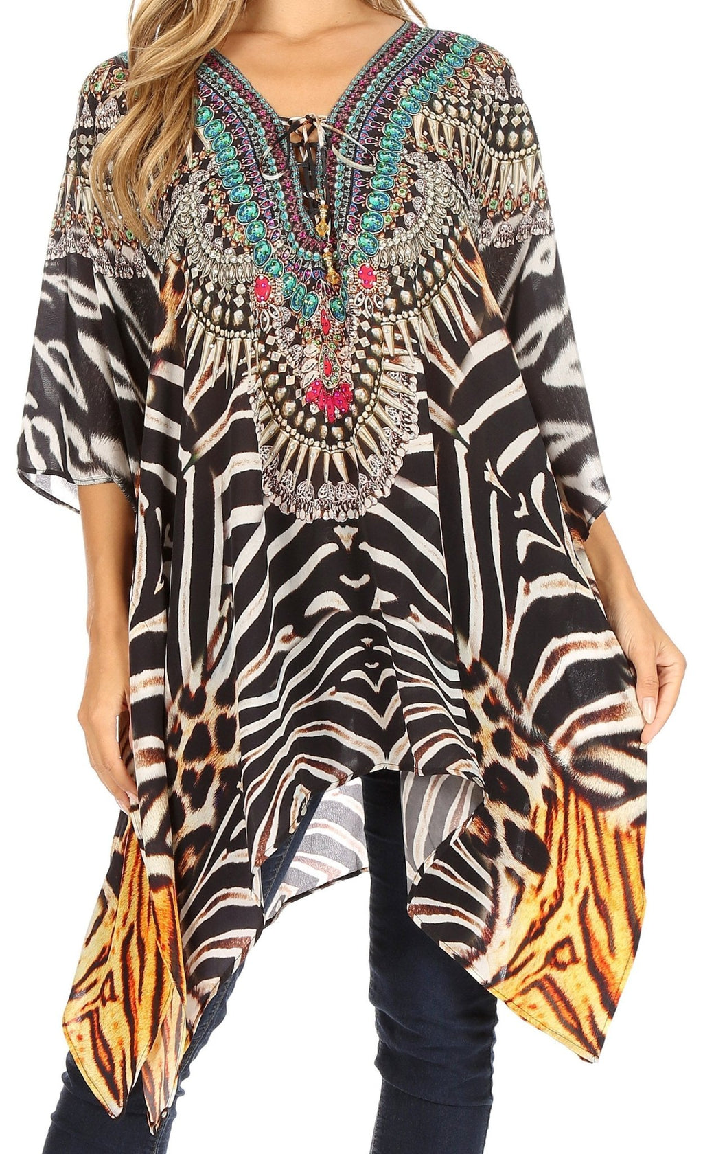 Stylish Rhinestone Lace-Up V-Neck Women's Caftan Poncho Cover-Up by Sakkas Aymee - Che Cose Belle