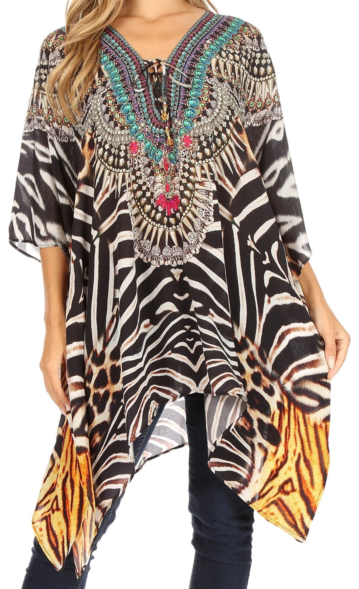 Stylish Rhinestone Lace-Up V-Neck Women's Caftan Poncho Cover-Up by Sakkas Aymee - Che Cose Belle