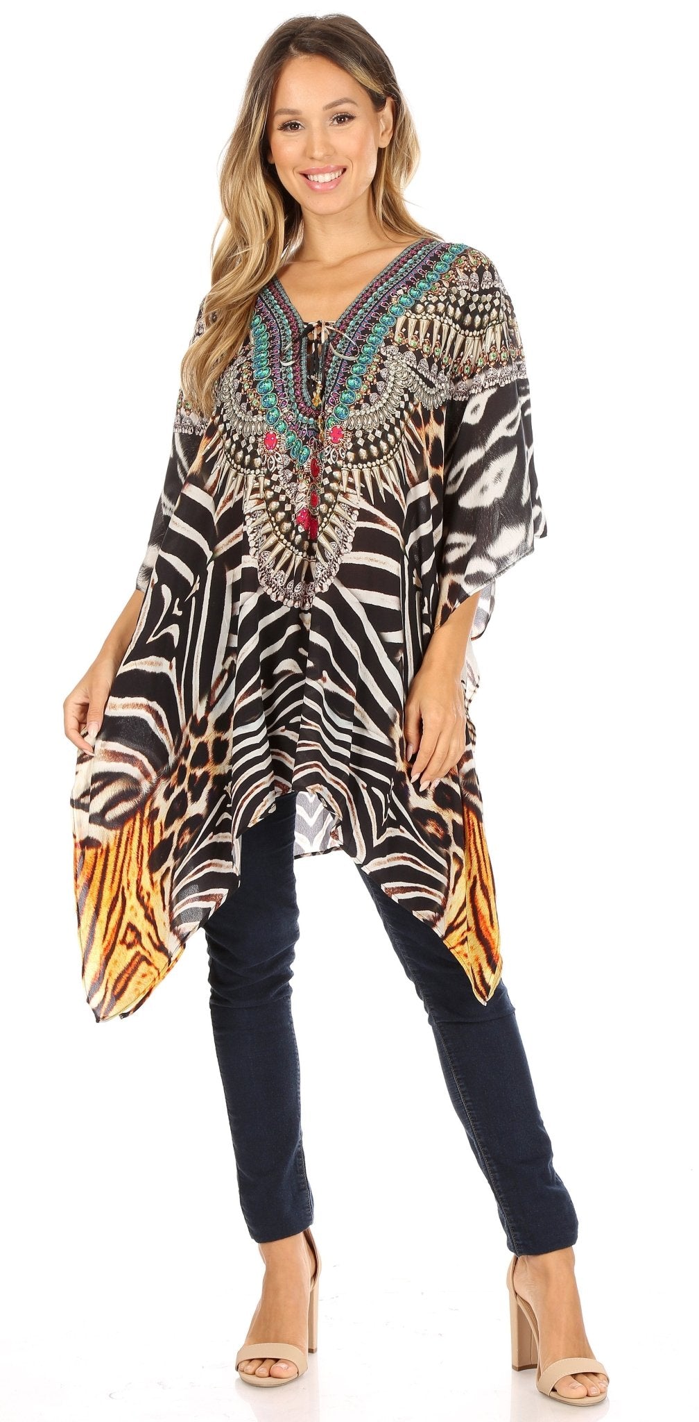 Stylish Rhinestone Lace-Up V-Neck Women's Caftan Poncho Cover-Up by Sakkas Aymee - Che Cose Belle