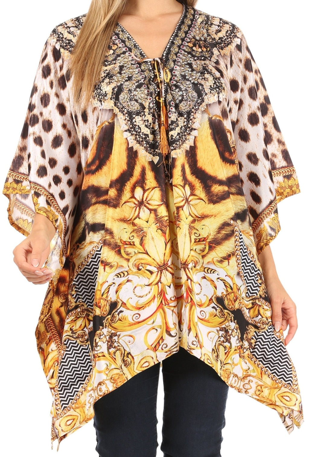 Stylish Rhinestone Lace-Up V-Neck Women's Caftan Poncho Cover-Up by Sakkas Aymee - Che Cose Belle