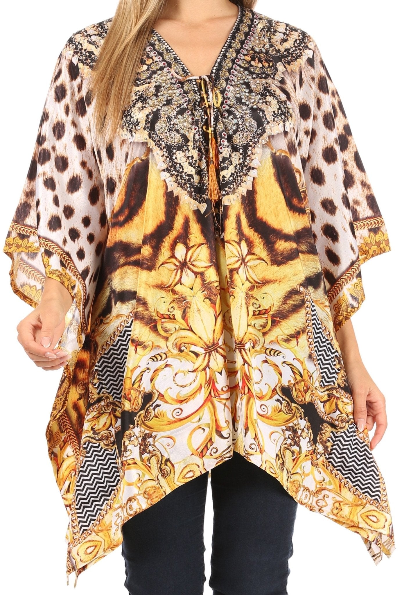 Stylish Rhinestone Lace-Up V-Neck Women's Caftan Poncho Cover-Up by Sakkas Aymee - Che Cose Belle