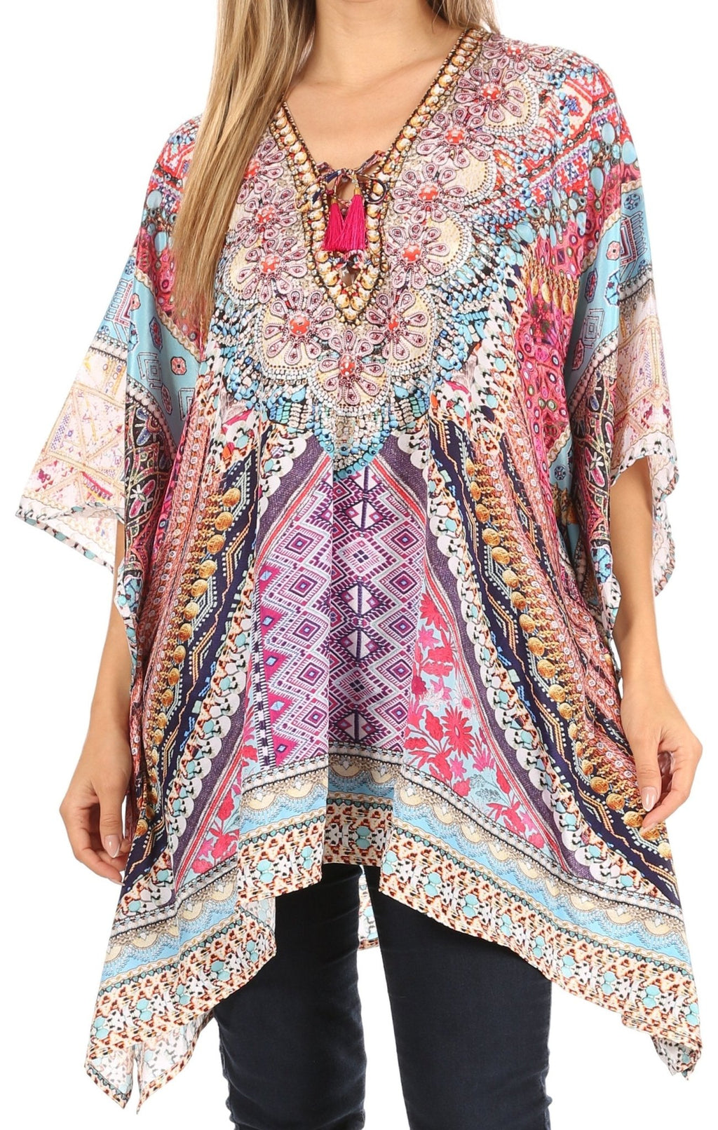 Stylish Rhinestone Lace-Up V-Neck Women's Caftan Poncho Cover-Up by Sakkas Aymee - Che Cose Belle