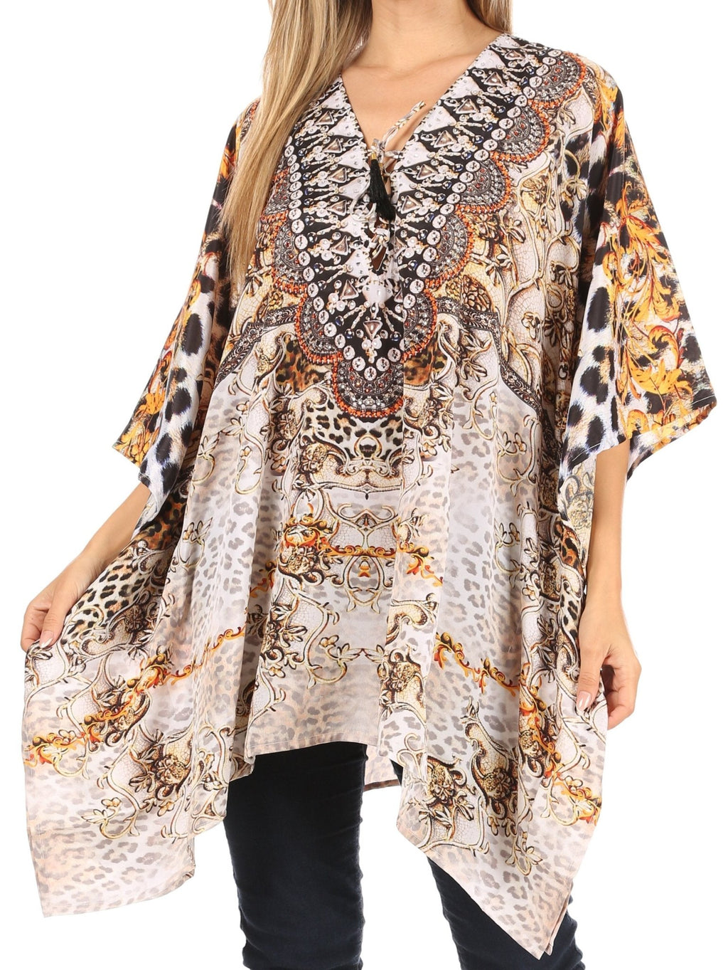 Stylish Rhinestone Lace-Up V-Neck Women's Caftan Poncho Cover-Up by Sakkas Aymee - Che Cose Belle