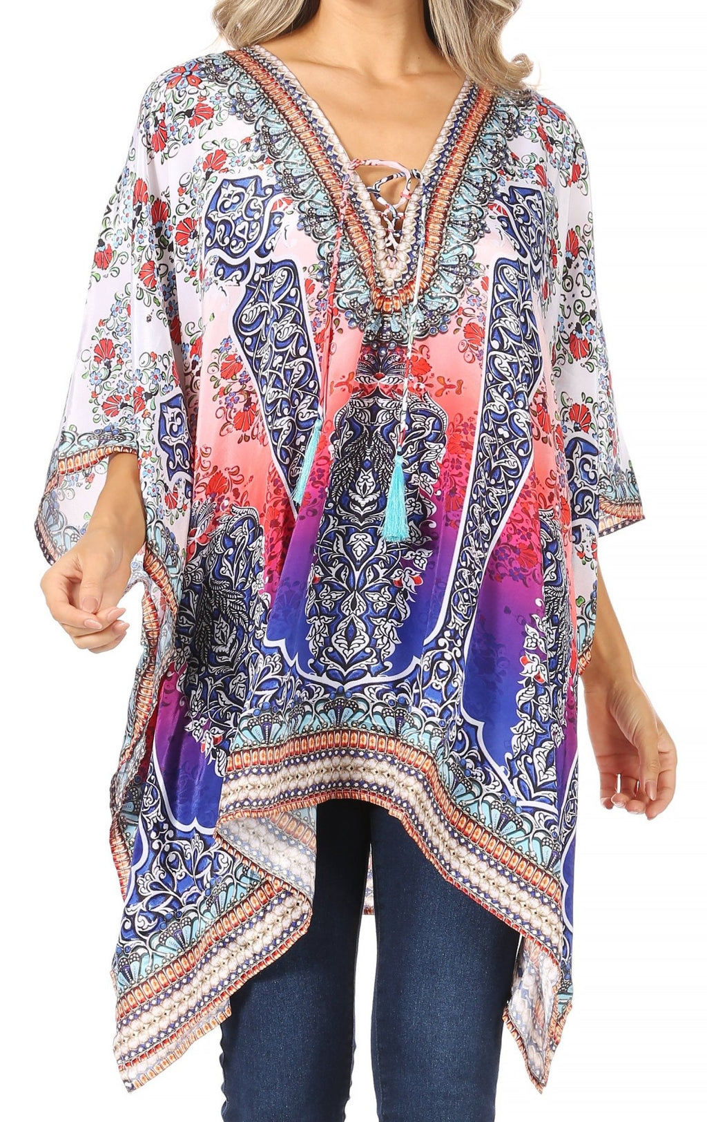 Stylish Rhinestone Lace-Up V-Neck Women's Caftan Poncho Cover-Up by Sakkas Aymee - Che Cose Belle
