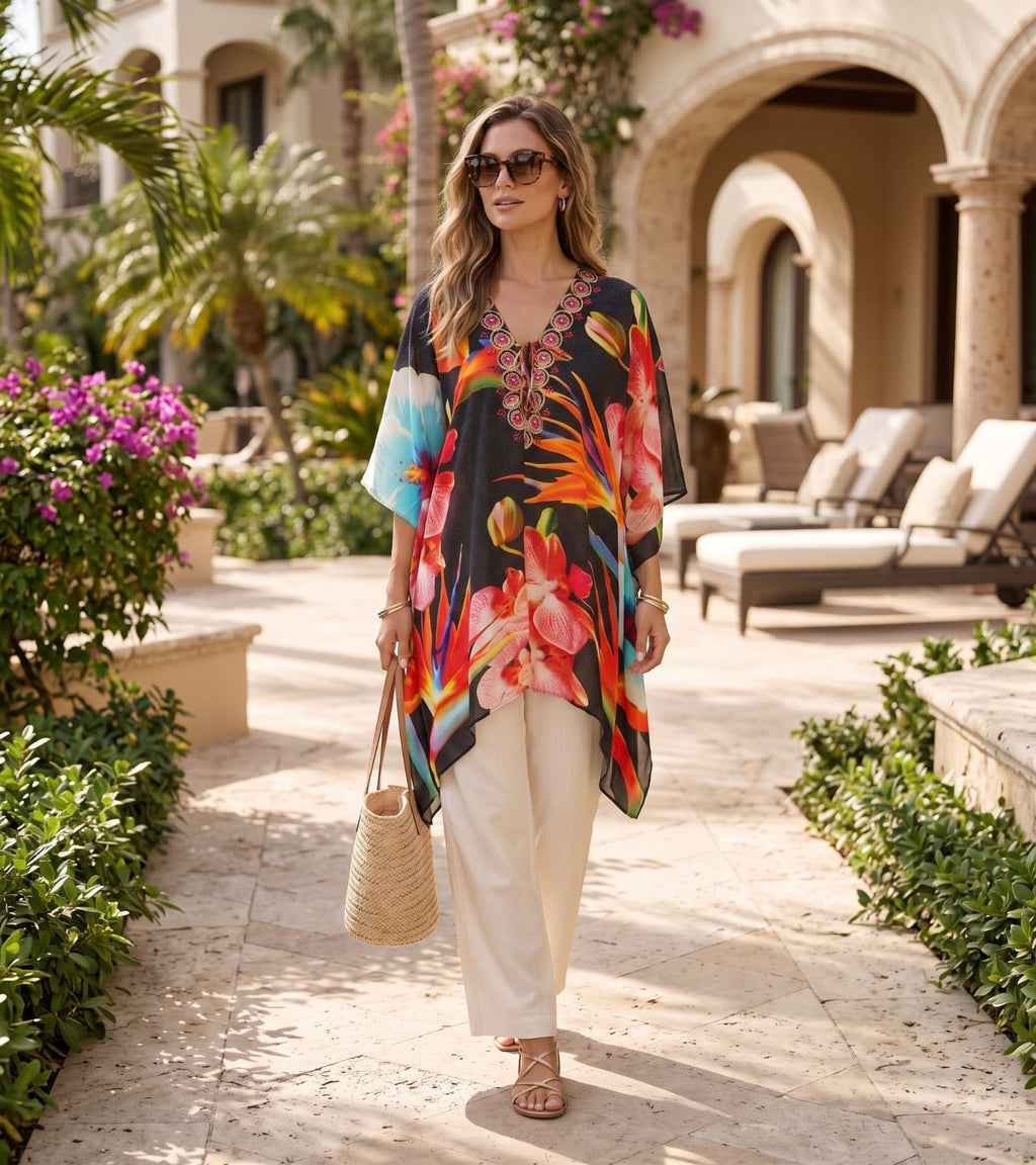 Stylish Rhinestone Lace-Up V-Neck Women's Caftan Poncho Cover-Up by Sakkas Aymee - Che Cose Belle