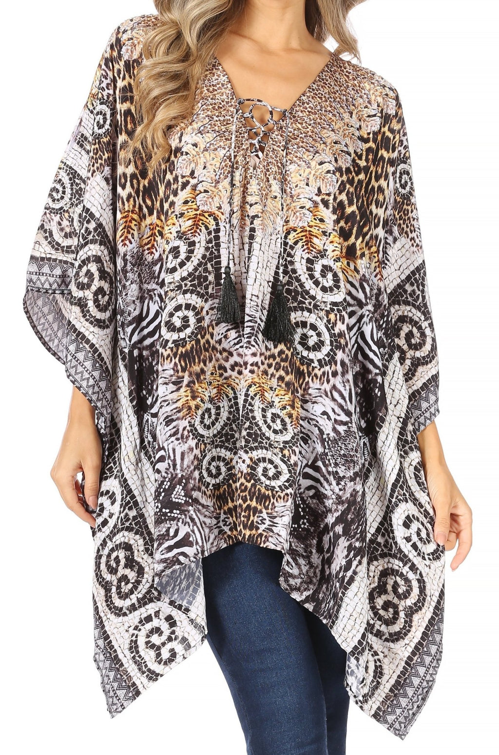 Stylish Rhinestone Lace-Up V-Neck Women's Caftan Poncho Cover-Up by Sakkas Aymee - Che Cose Belle
