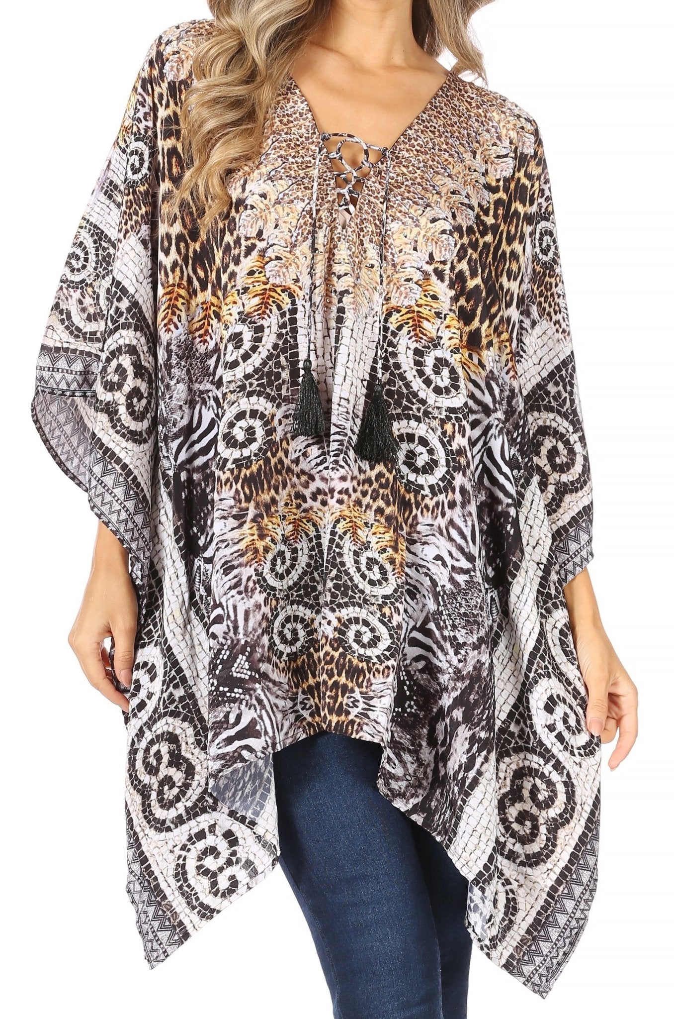 Stylish Rhinestone Lace-Up V-Neck Women's Caftan Poncho Cover-Up by Sakkas Aymee - Che Cose Belle