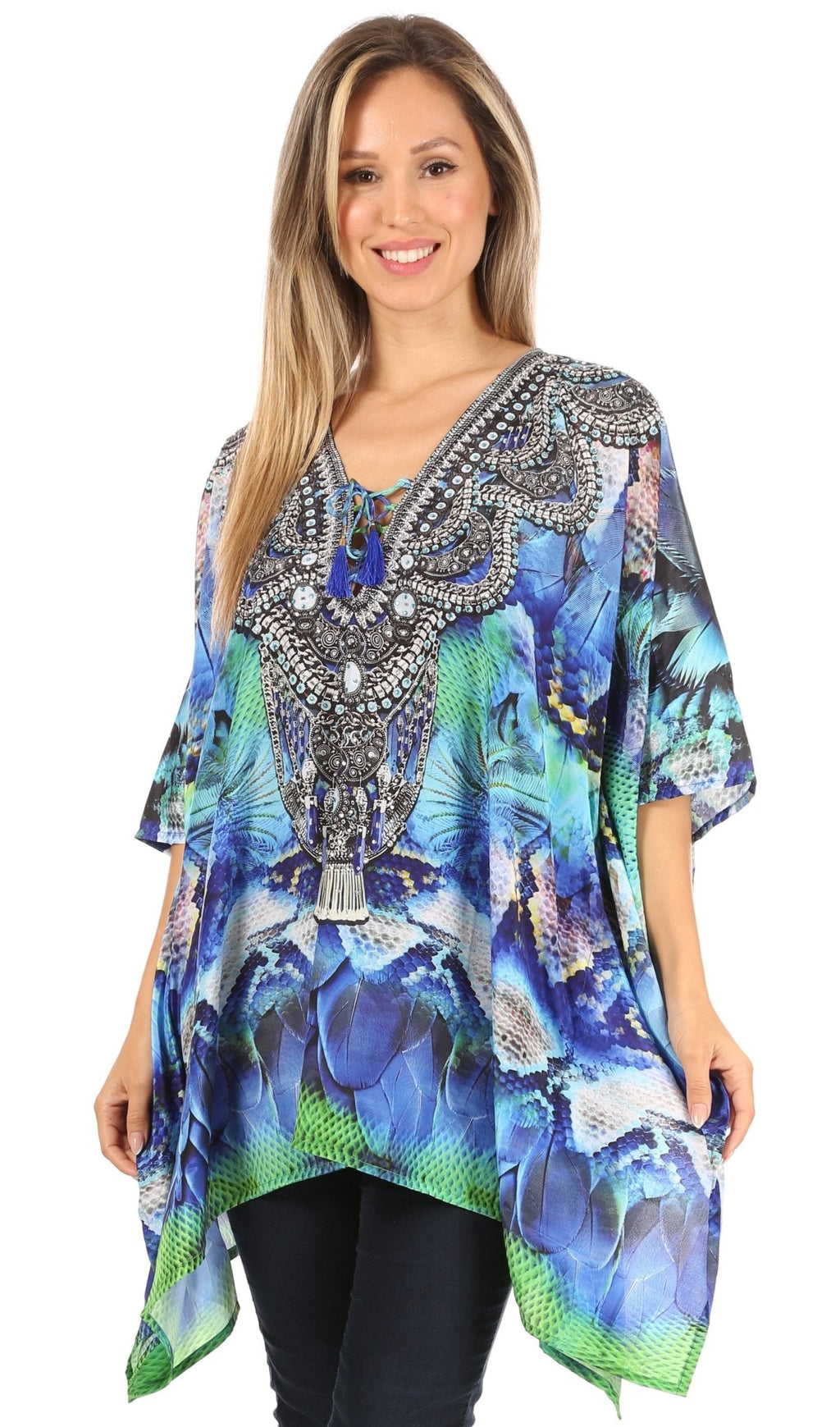 Stylish Rhinestone Lace-Up V-Neck Women's Caftan Poncho Cover-Up by Sakkas Aymee - Che Cose Belle