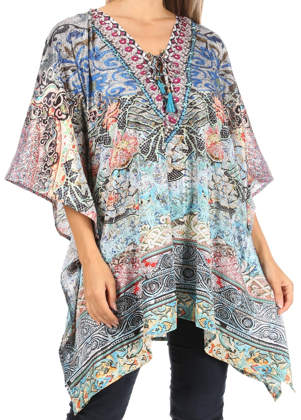 Stylish Rhinestone Lace-Up V-Neck Women's Caftan Poncho Cover-Up by Sakkas Aymee - Che Cose Belle