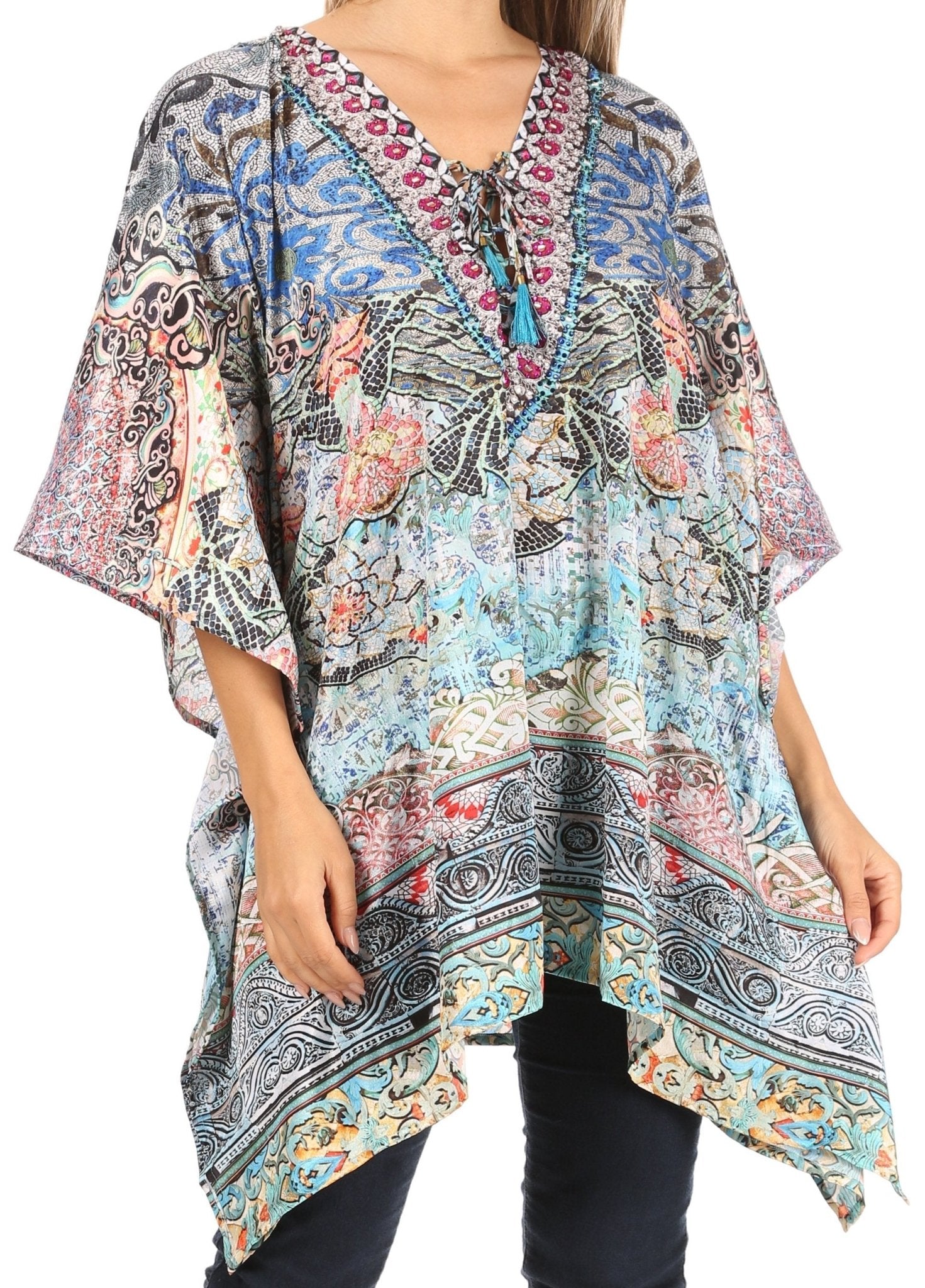 Stylish Rhinestone Lace-Up V-Neck Women's Caftan Poncho Cover-Up by Sakkas Aymee - Che Cose Belle